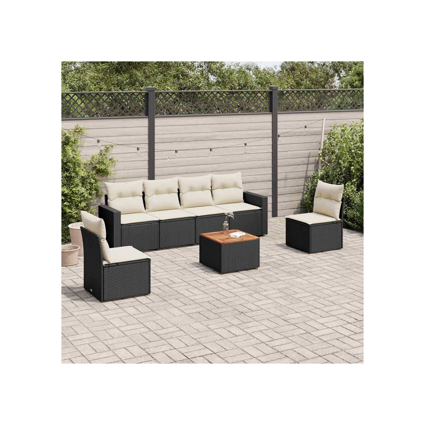 Salon de jardin 7 pcs avec coussins noir résine tressée