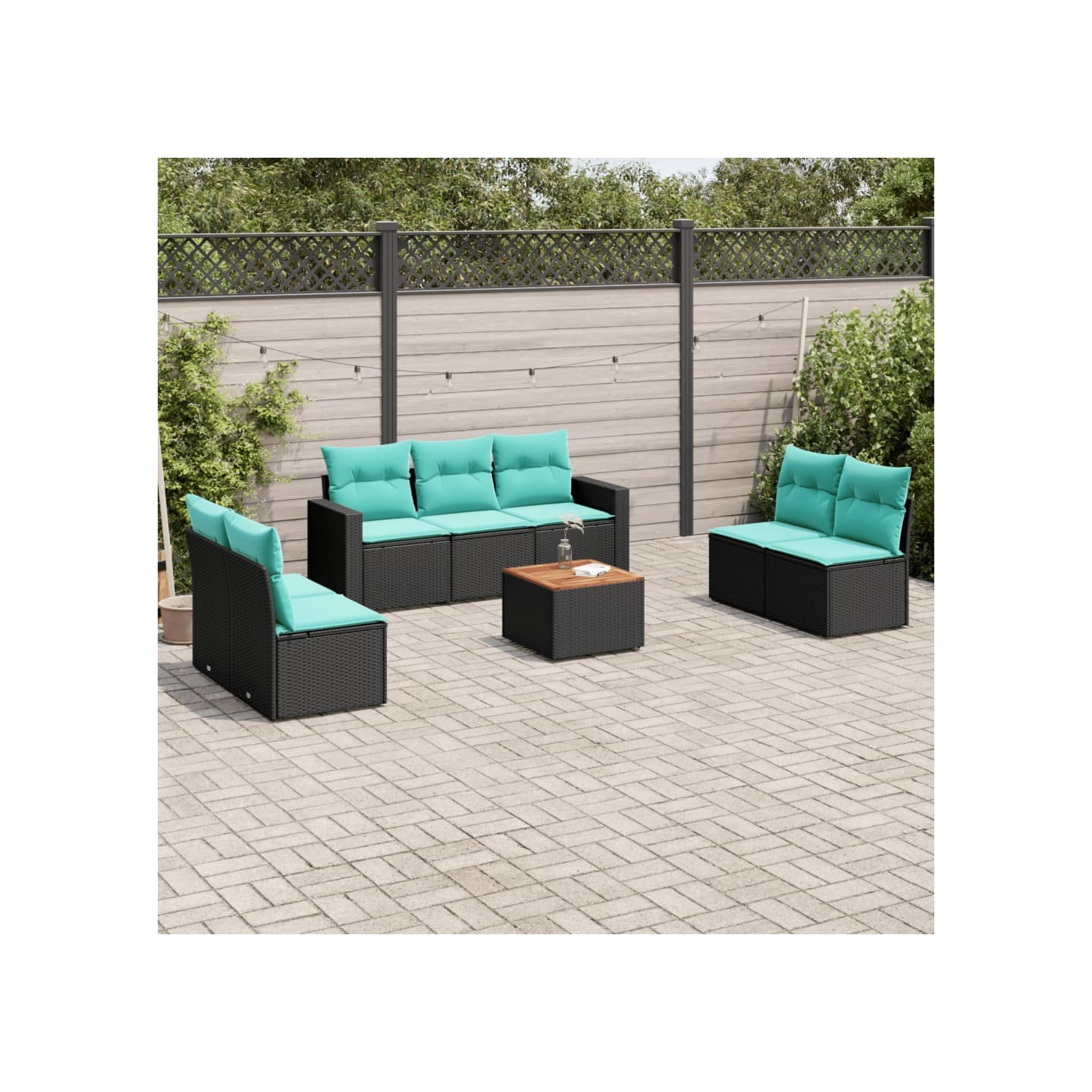 Salon de jardin 8 pcs avec coussins noir résine tressée