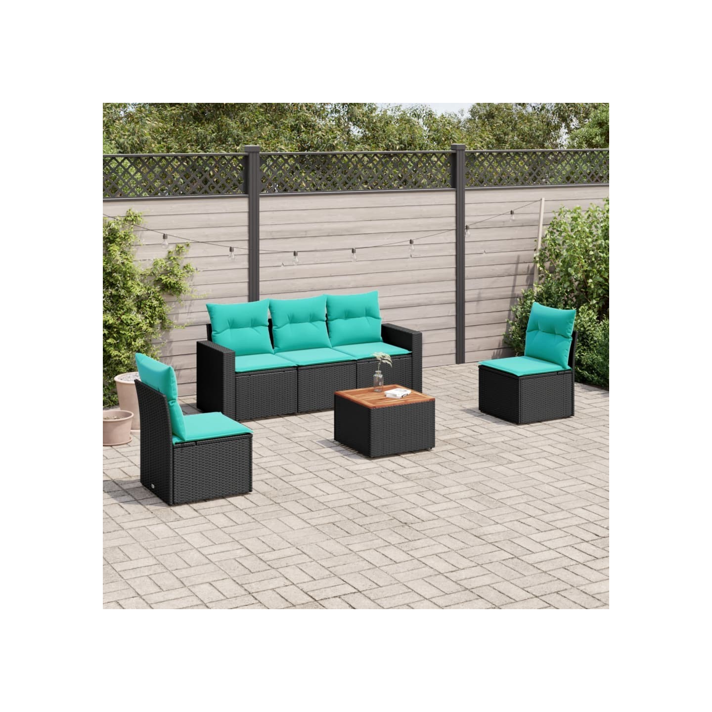 Salon de jardin 6 pcs avec coussins noir résine tressée