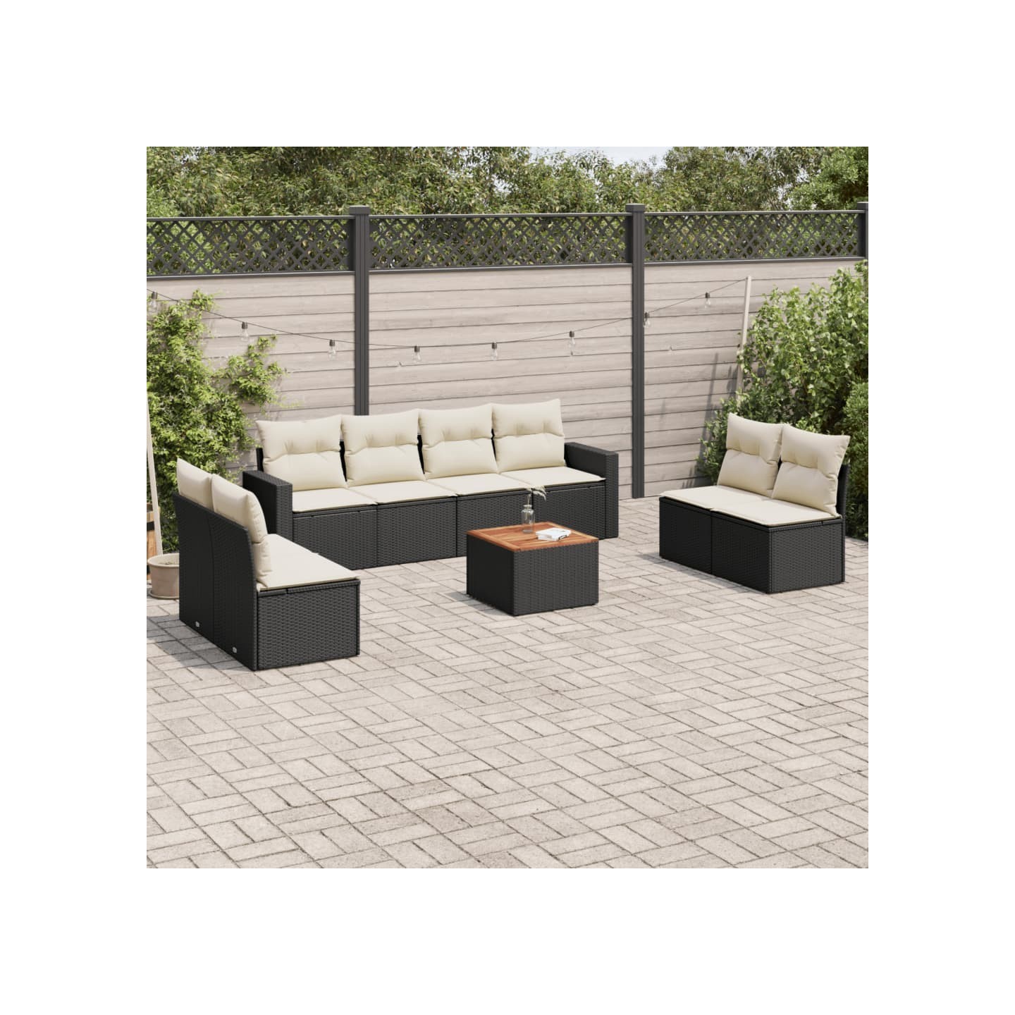 Salon de jardin 9 pcs avec coussins noir résine tressée
