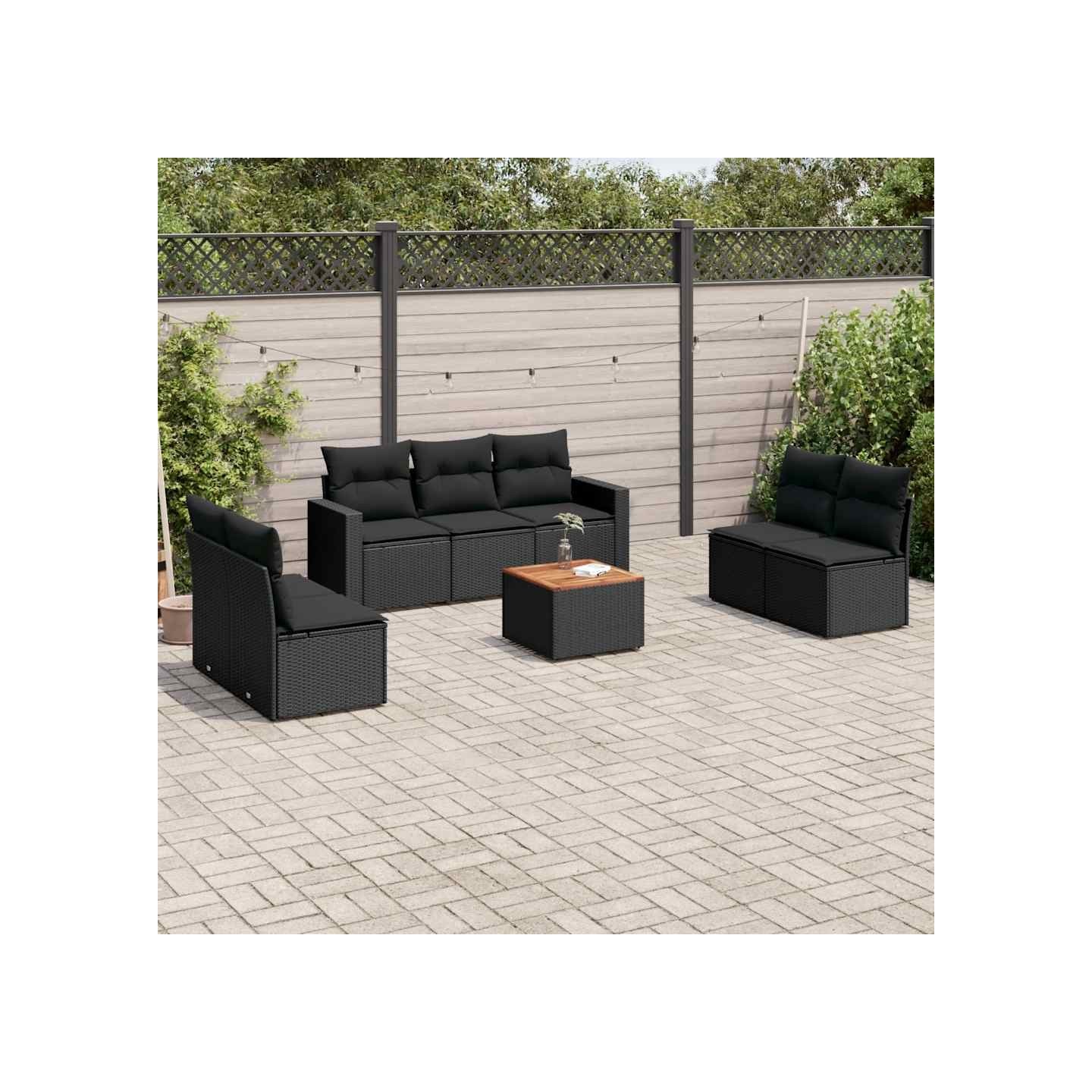 Salon de jardin 8 pcs avec coussins noir résine tressée