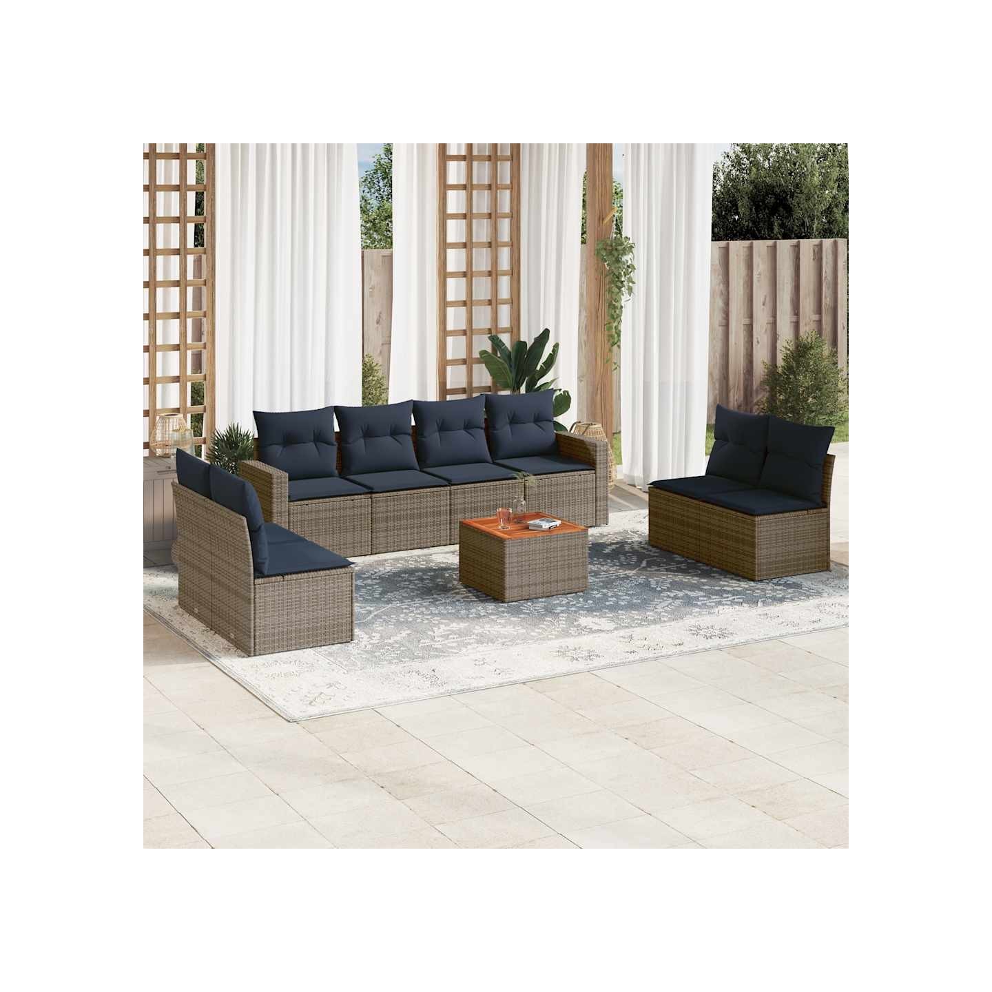 Salon de jardin 9 pcs avec coussins gris résine tressée