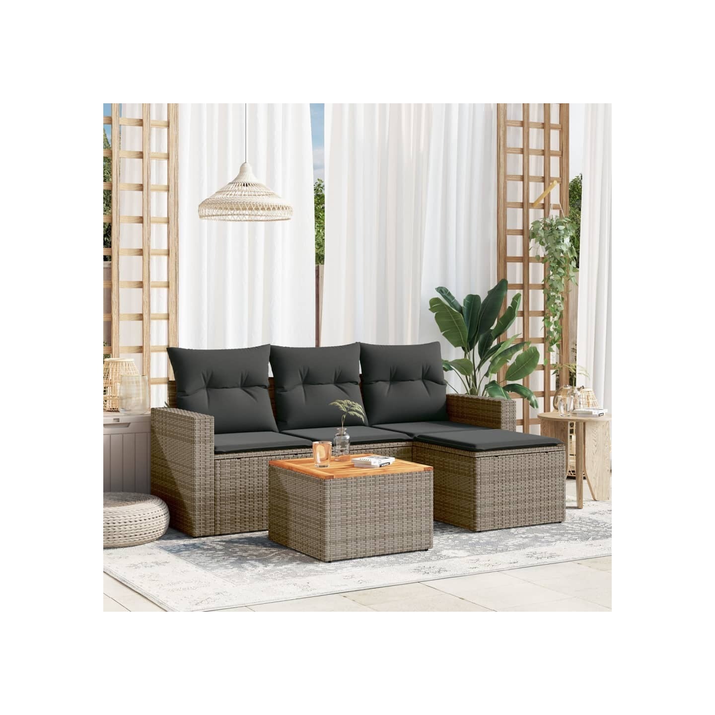 Salon de jardin 5 pcs avec coussins gris résine tressée
