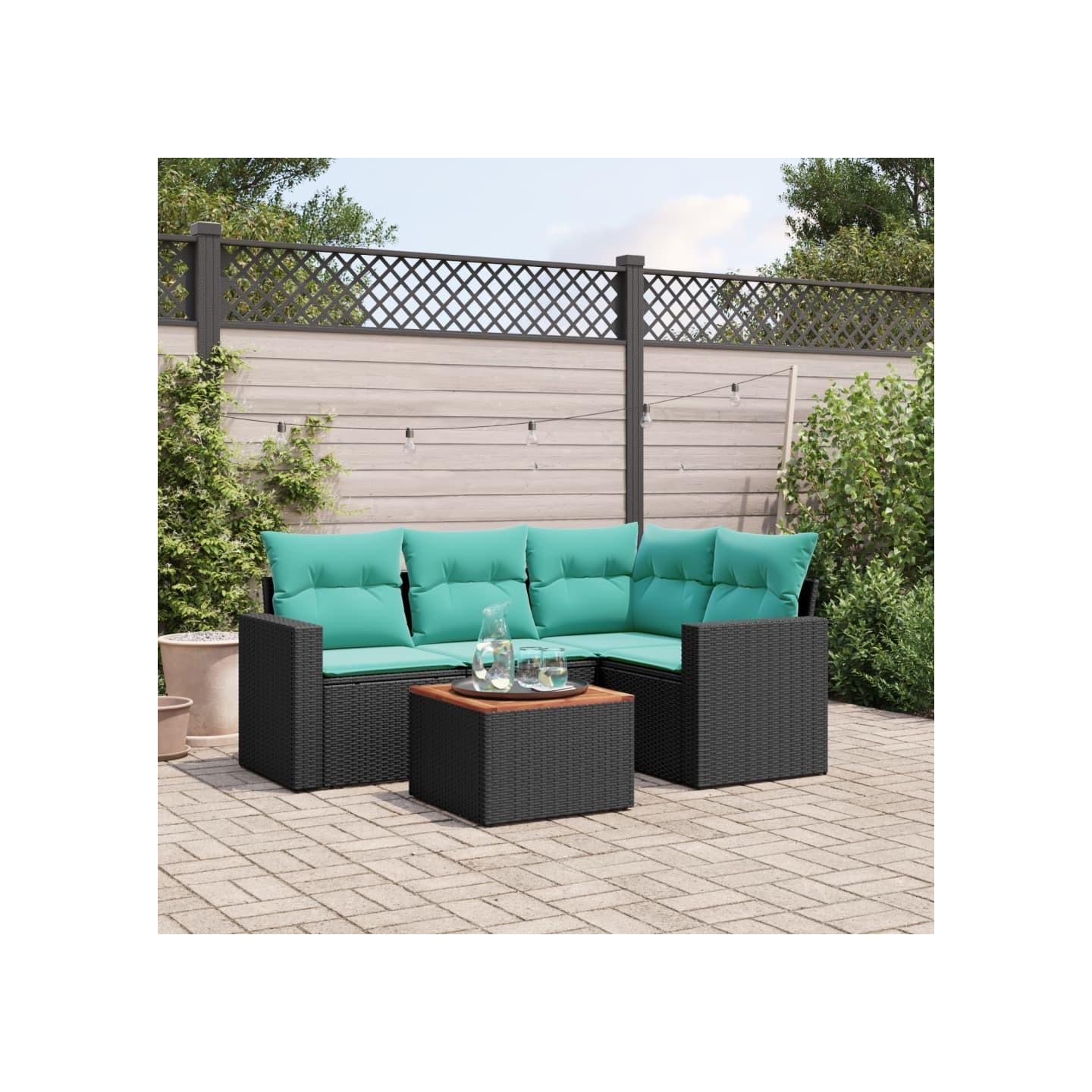 Salon de jardin 5 pcs avec coussins noir résine tressée