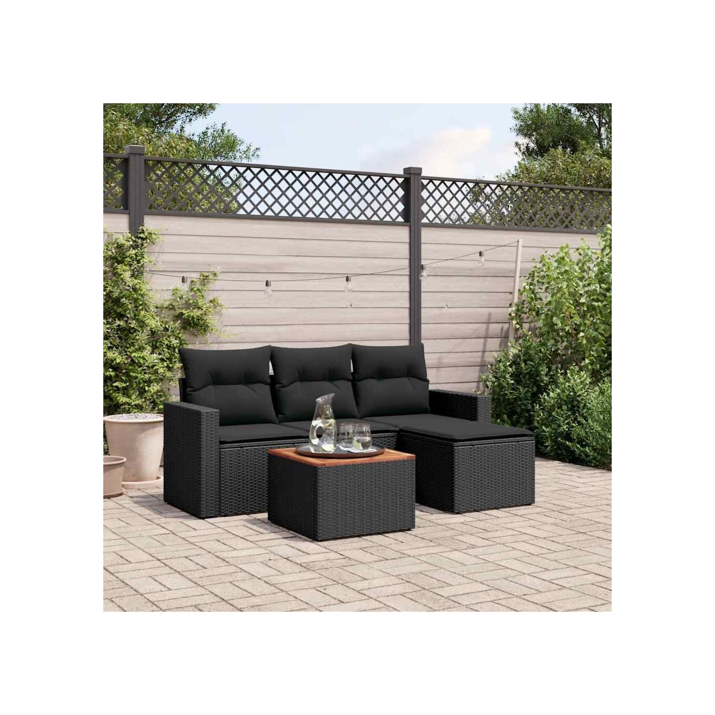 Salon de jardin 5 pcs avec coussins noir résine tressée