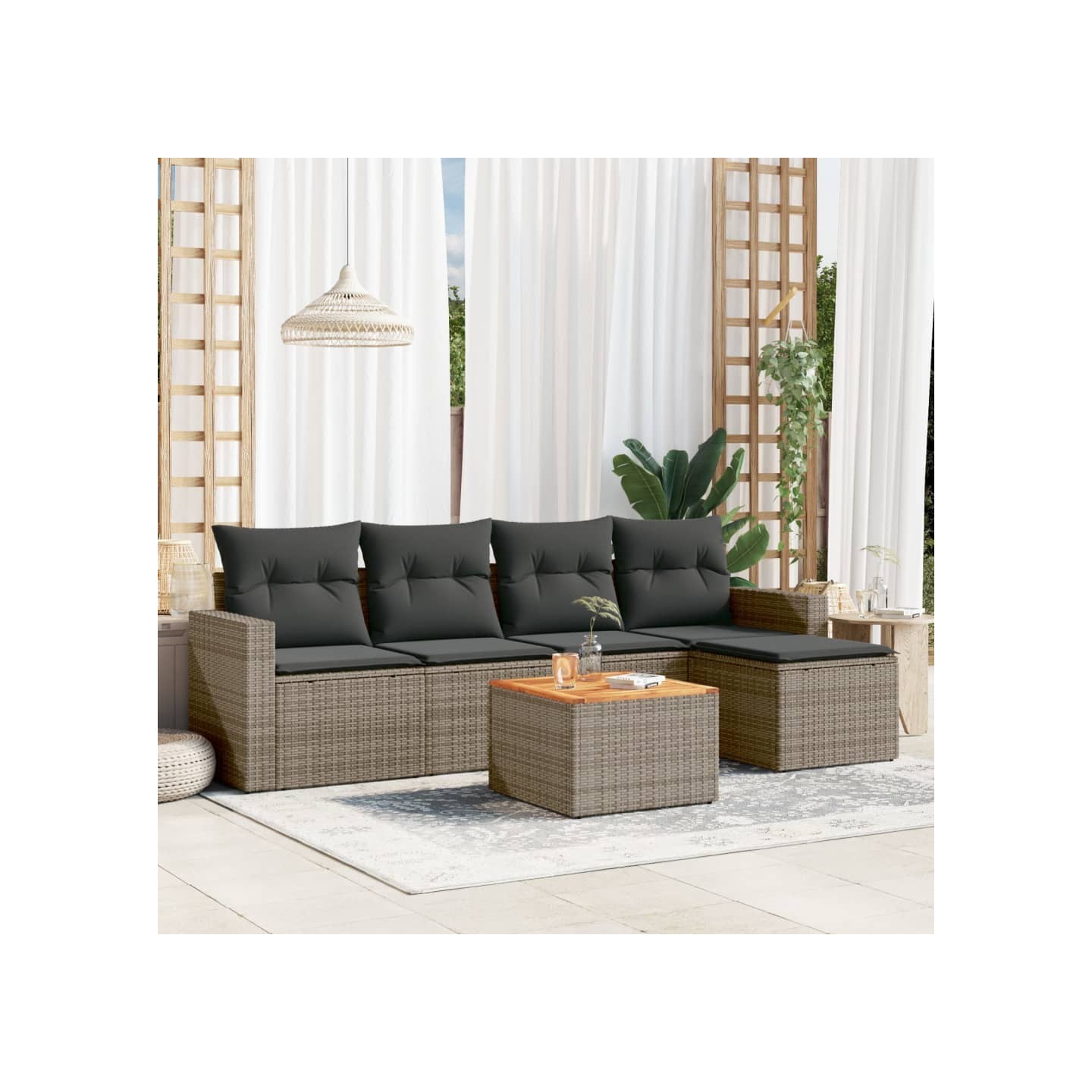 Salon de jardin 6 pcs avec coussins gris résine tressée