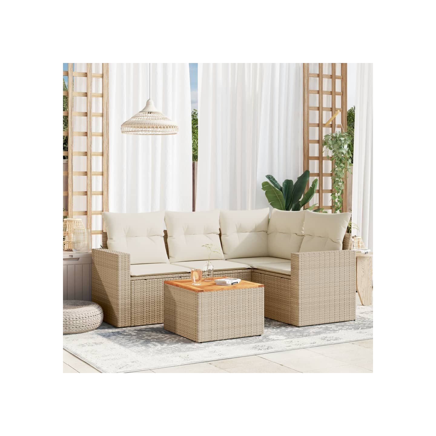 Salon de jardin avec coussins 5 pcs beige résine tressée