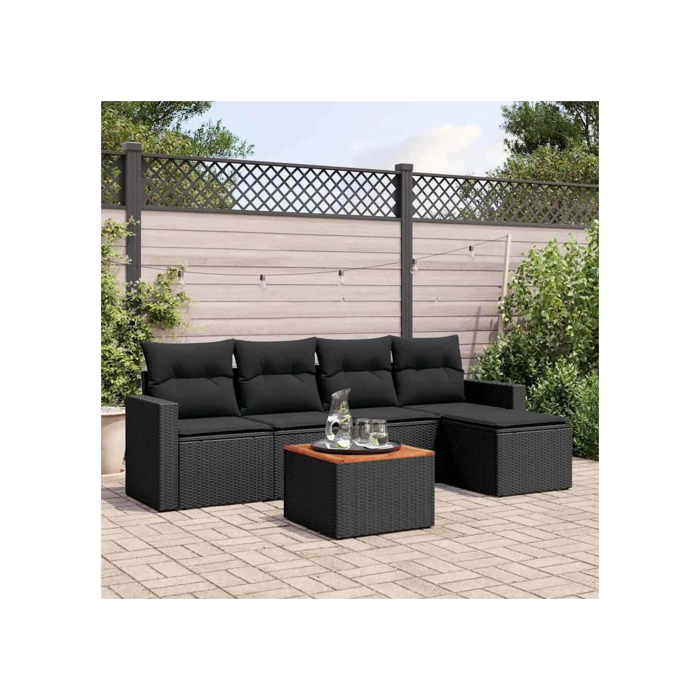Salon de jardin 6 pcs avec coussins noir résine tressée