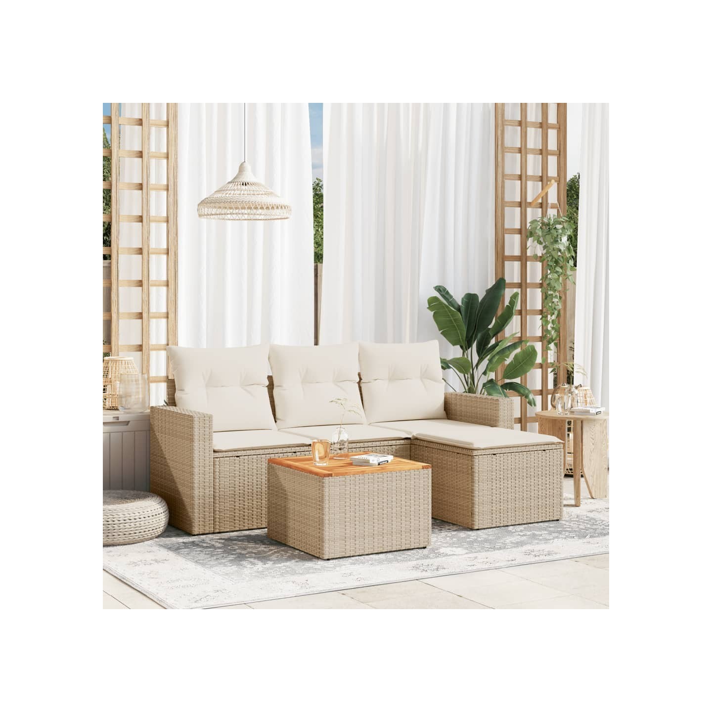 Salon de jardin avec coussins 5 pcs beige résine tressée