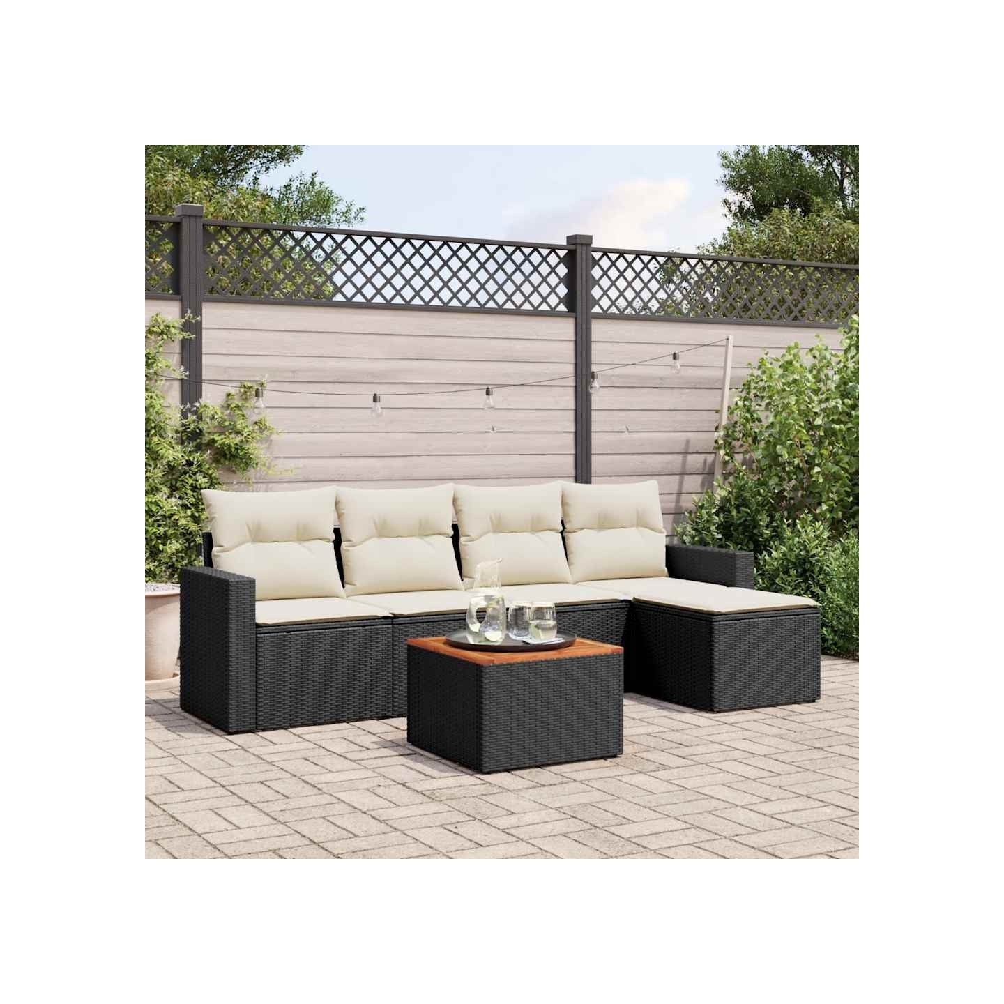 Salon de jardin 6 pcs avec coussins noir résine tressée