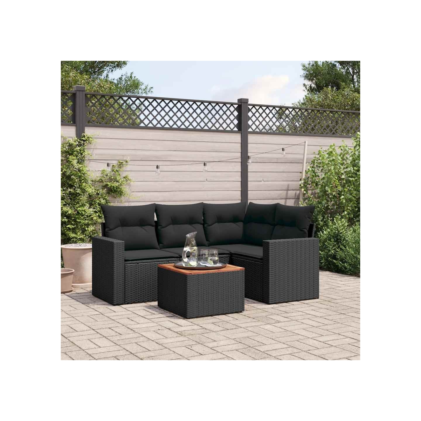 Salon de jardin 5 pcs avec coussins noir résine tressée