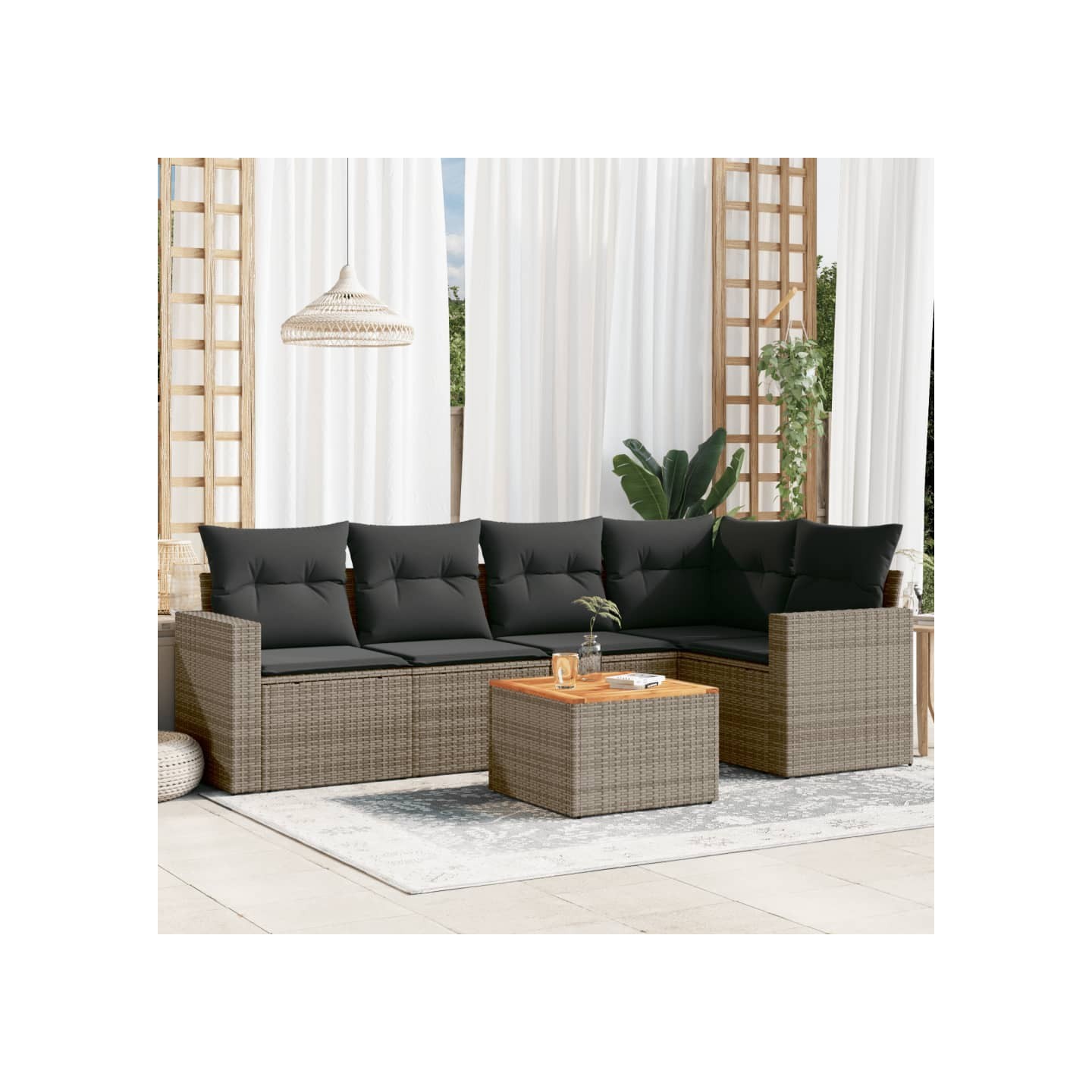 Salon de jardin 6 pcs avec coussins gris résine tressée