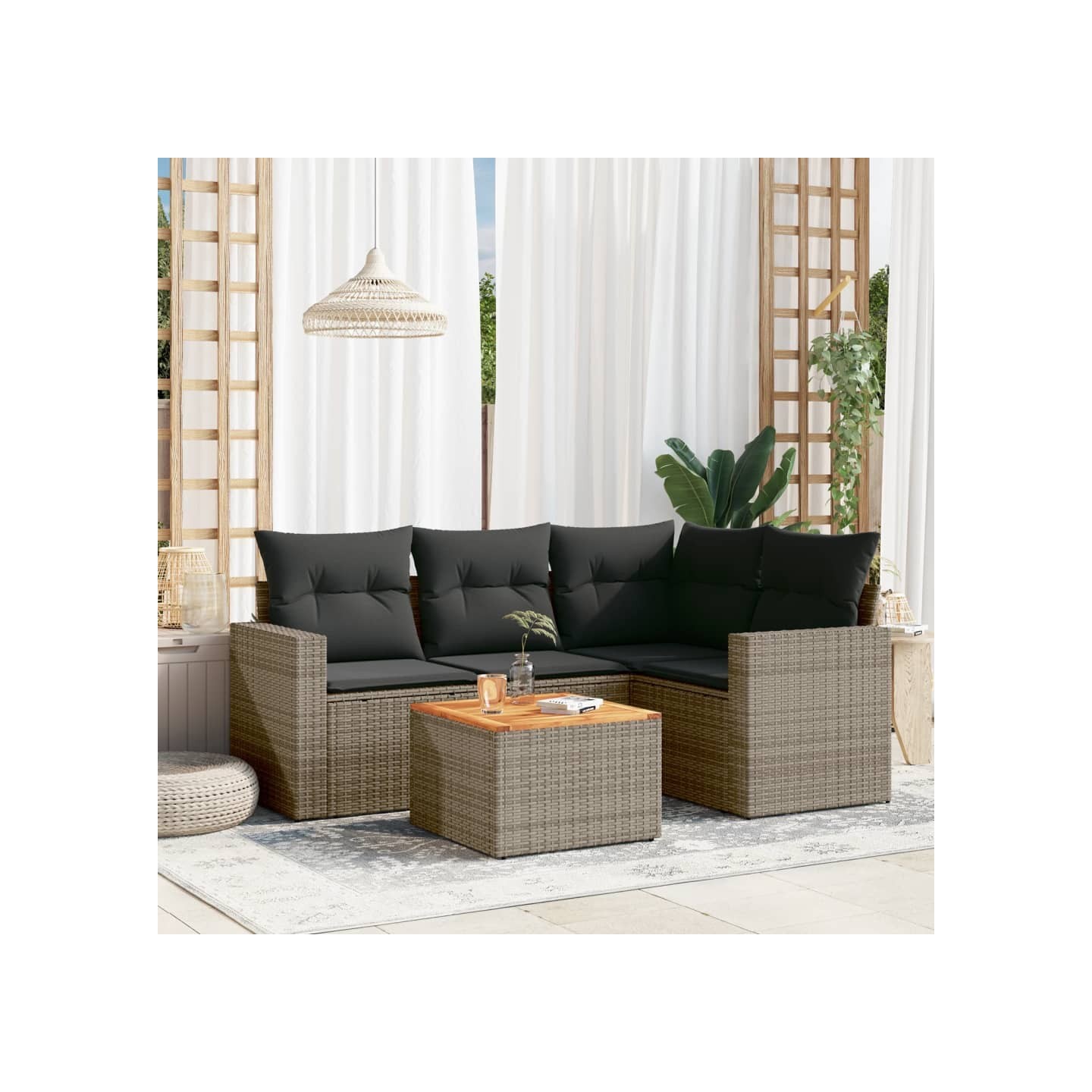 Salon de jardin 5 pcs avec coussins gris résine tressée