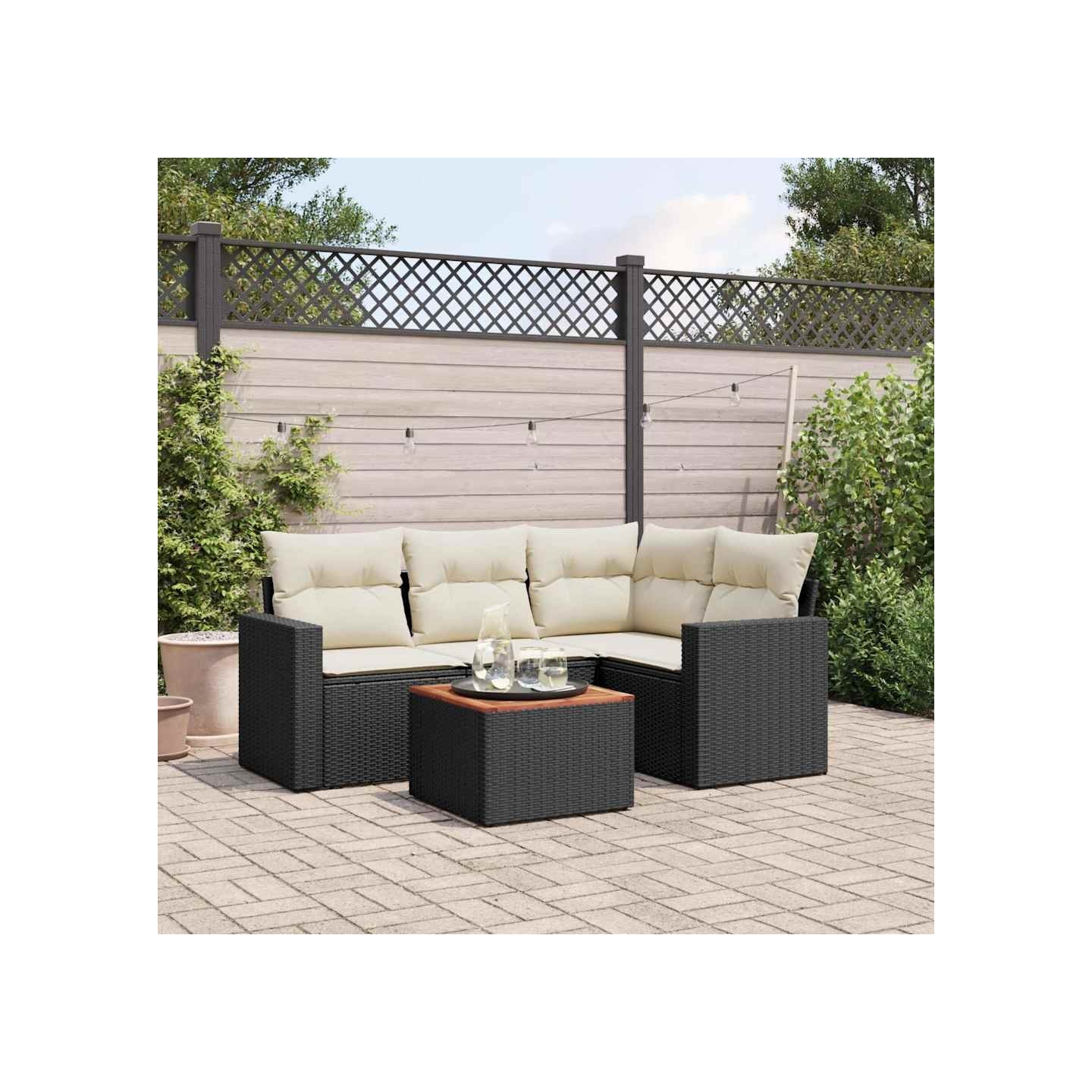 Salon de jardin 5 pcs avec coussins noir résine tressée