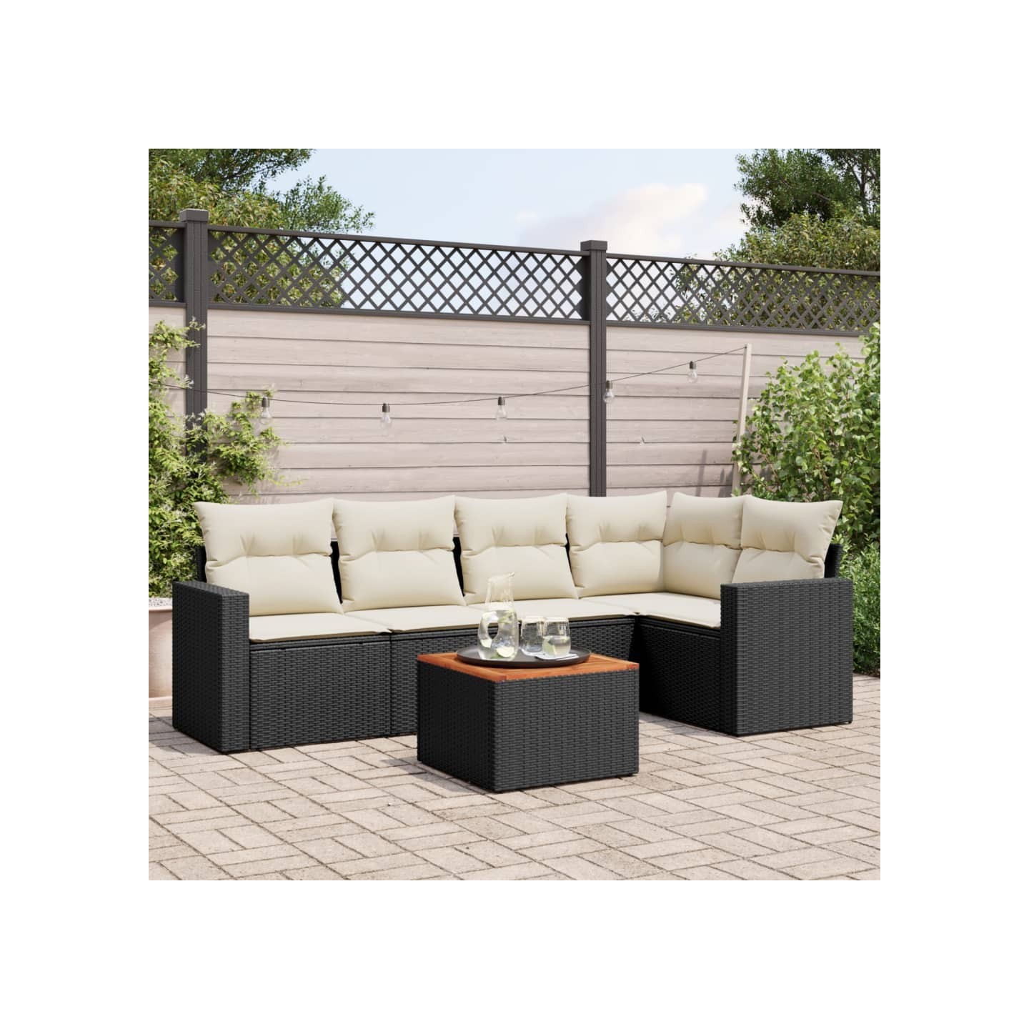 Salon de jardin 6 pcs avec coussins noir résine tressée