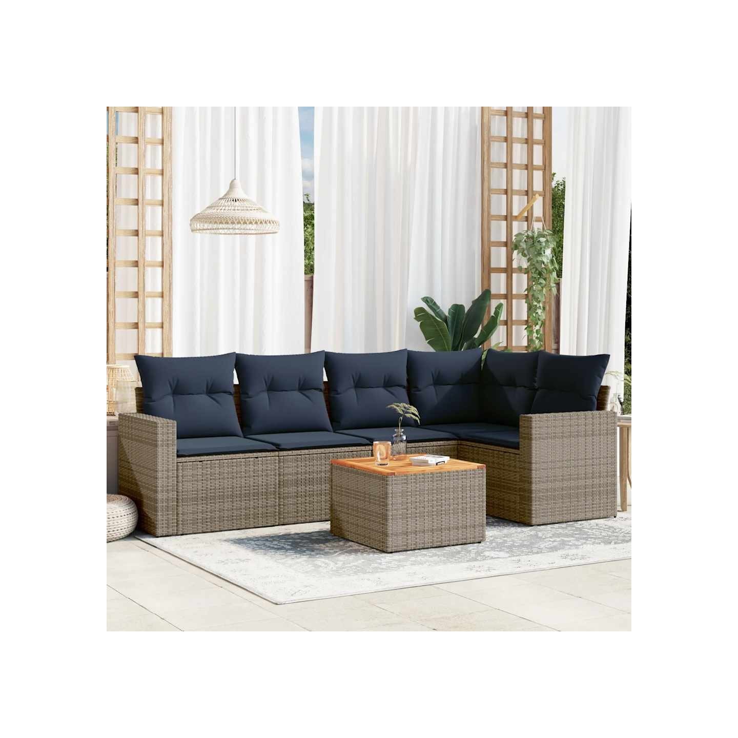 Salon de jardin 6 pcs avec coussins gris résine tressée