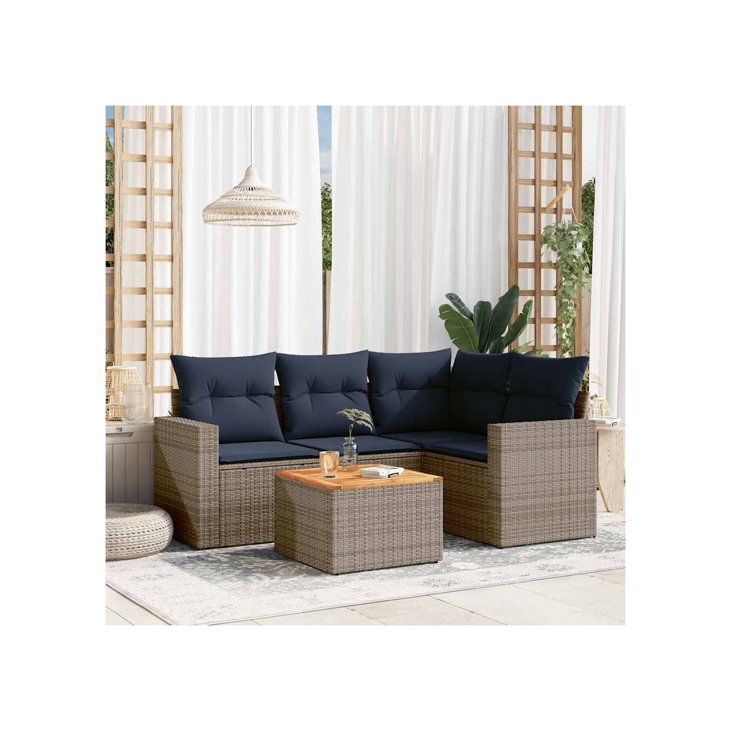 Salon de jardin 5 pcs avec coussins gris résine tressée
