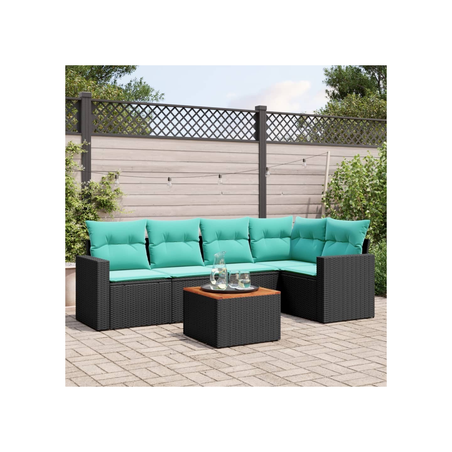 Salon de jardin 6 pcs avec coussins noir résine tressée