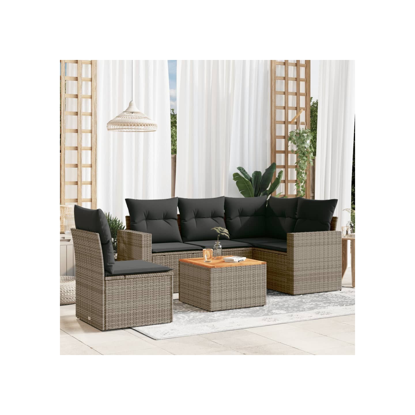 Salon de jardin 6 pcs avec coussins gris résine tressée