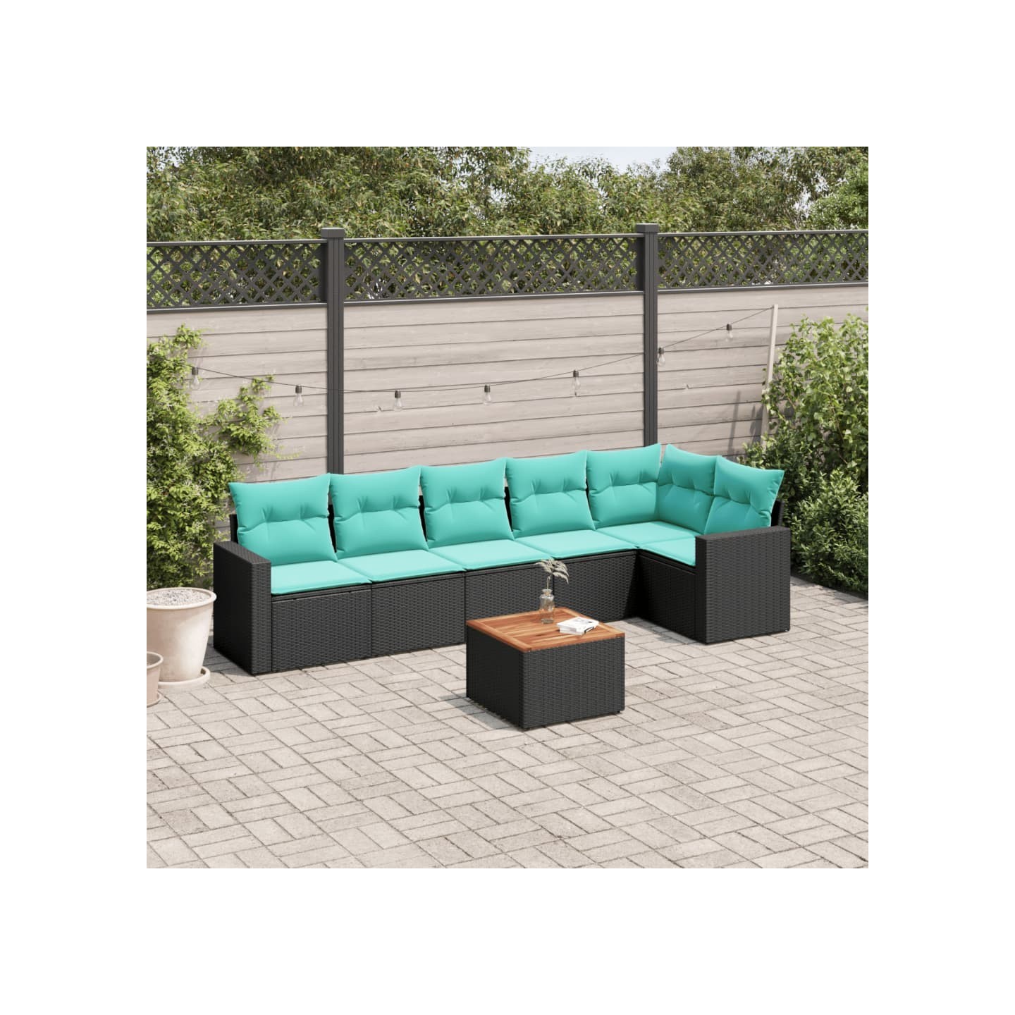 Salon de jardin 7 pcs avec coussins noir résine tressée