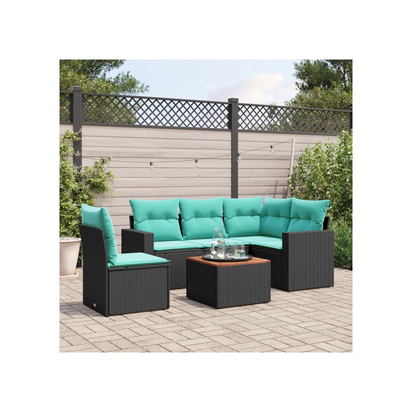Salon de jardin 6 pcs avec coussins noir résine tressée