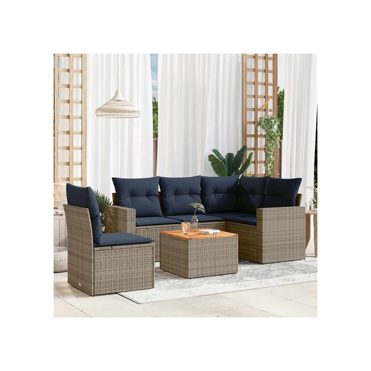 Salon de jardin 6 pcs avec coussins gris résine tressée
