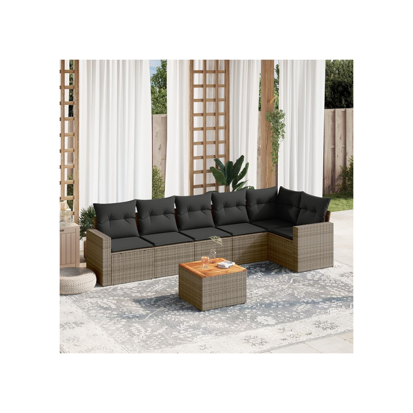Salon de jardin avec coussins 7 pcs gris résine tressée