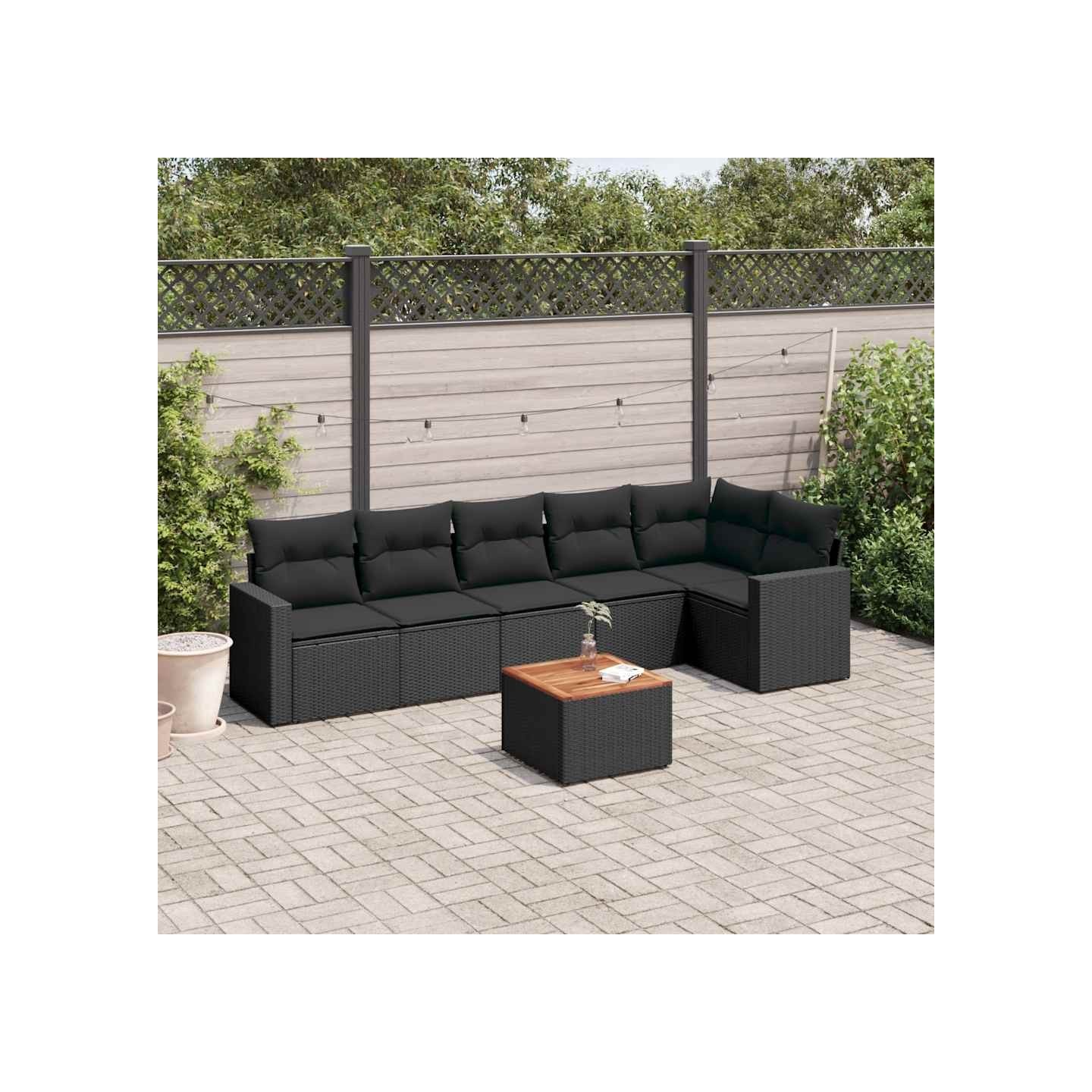 Salon de jardin 7 pcs avec coussins noir résine tressée