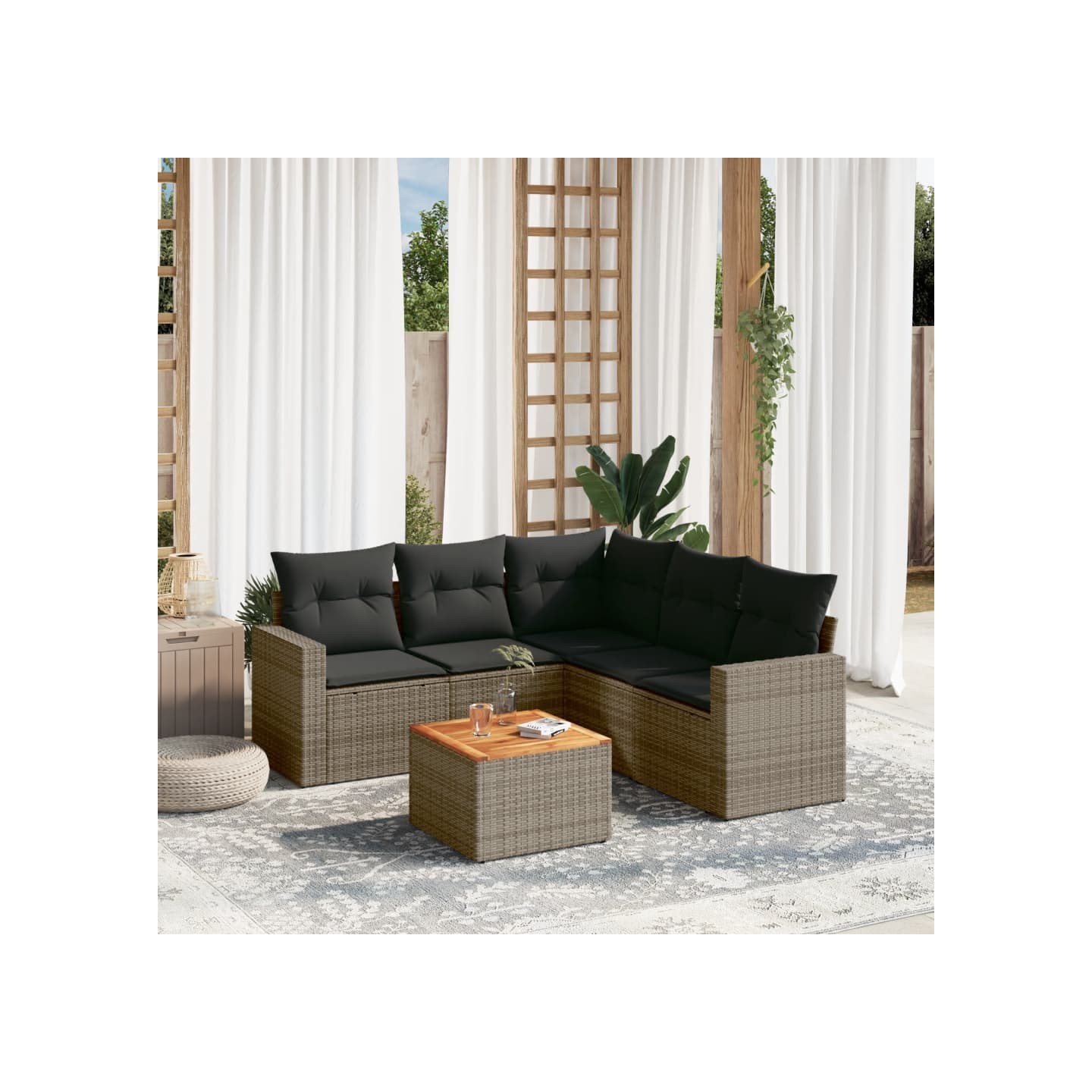 Salon de jardin 6 pcs avec coussins gris résine tressée