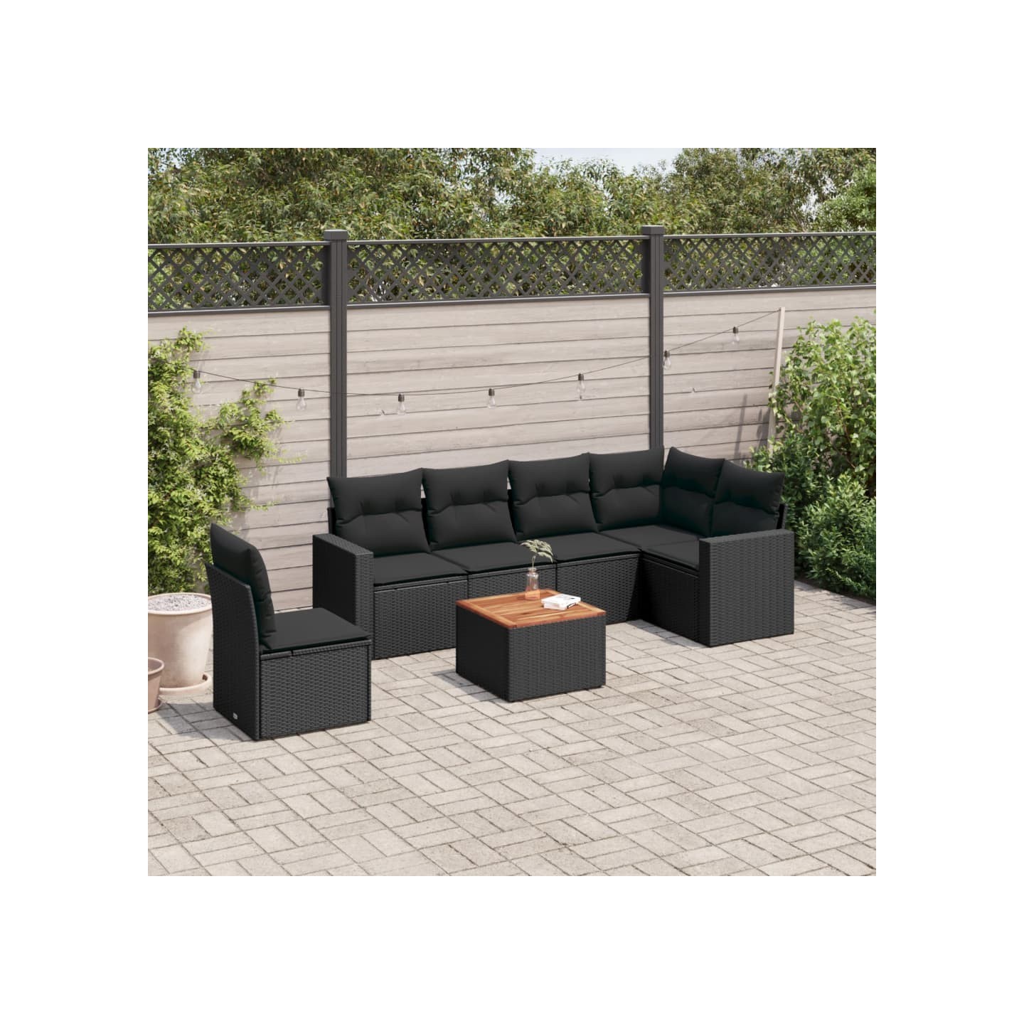 Salon de jardin 7 pcs avec coussins noir résine tressée