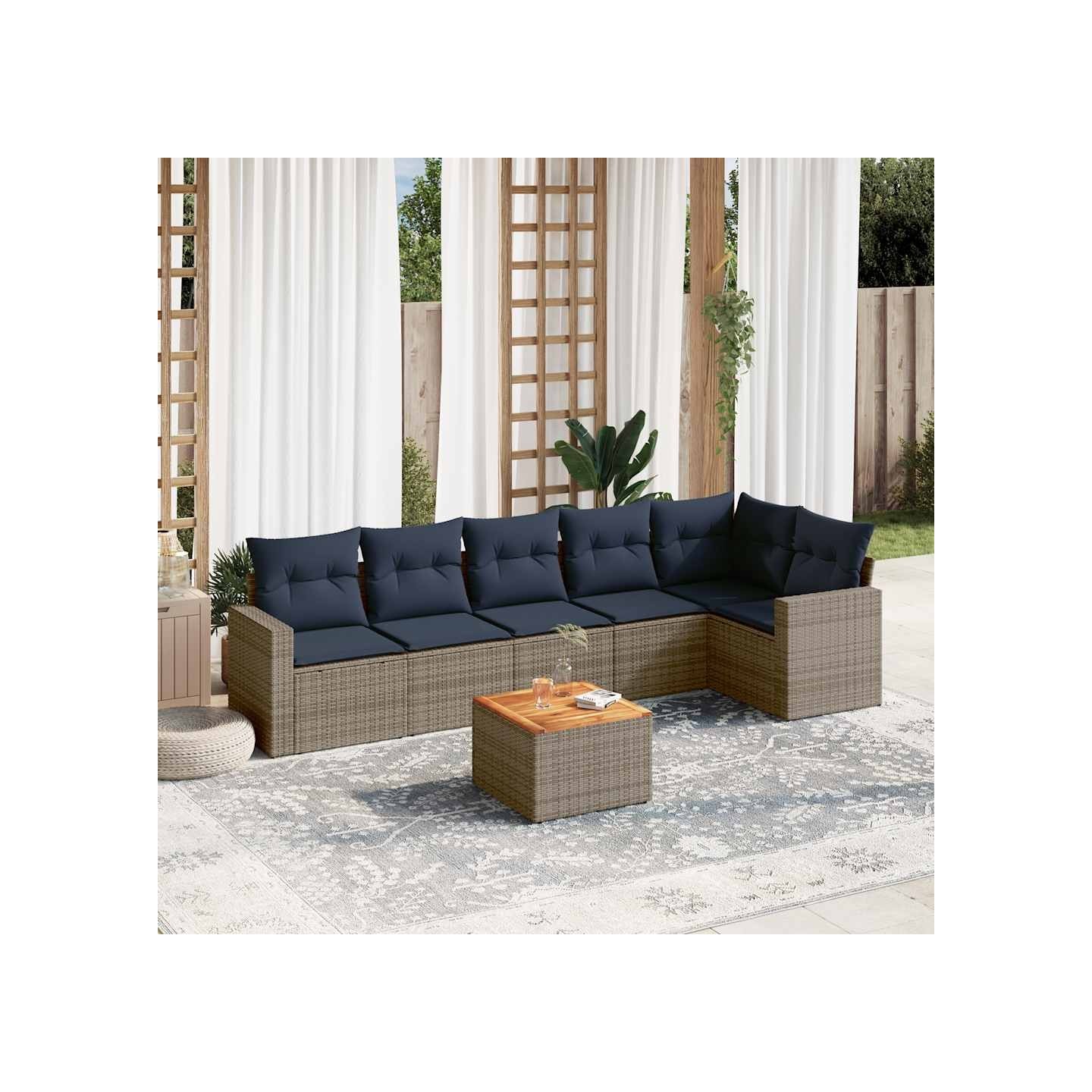 Salon de jardin 7 pcs avec coussins gris résine tressée