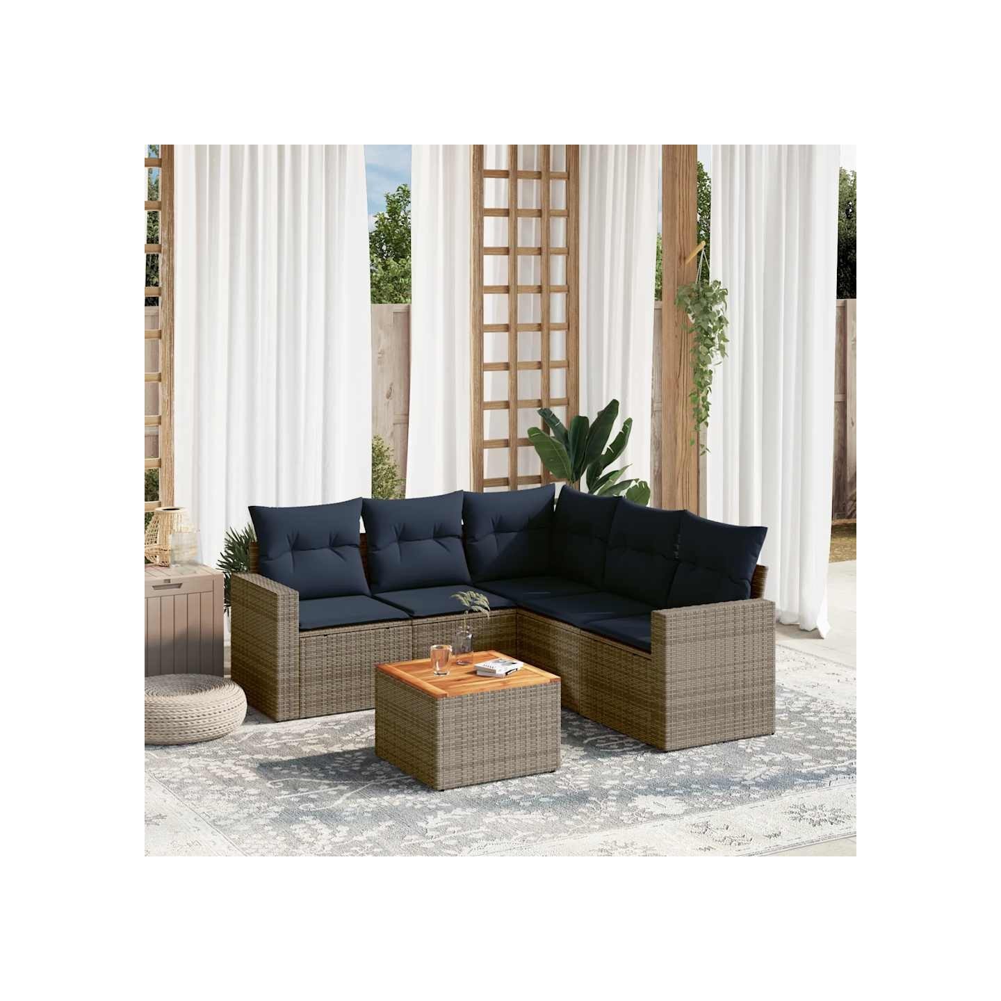 Salon de jardin 6 pcs avec coussins gris résine tressée