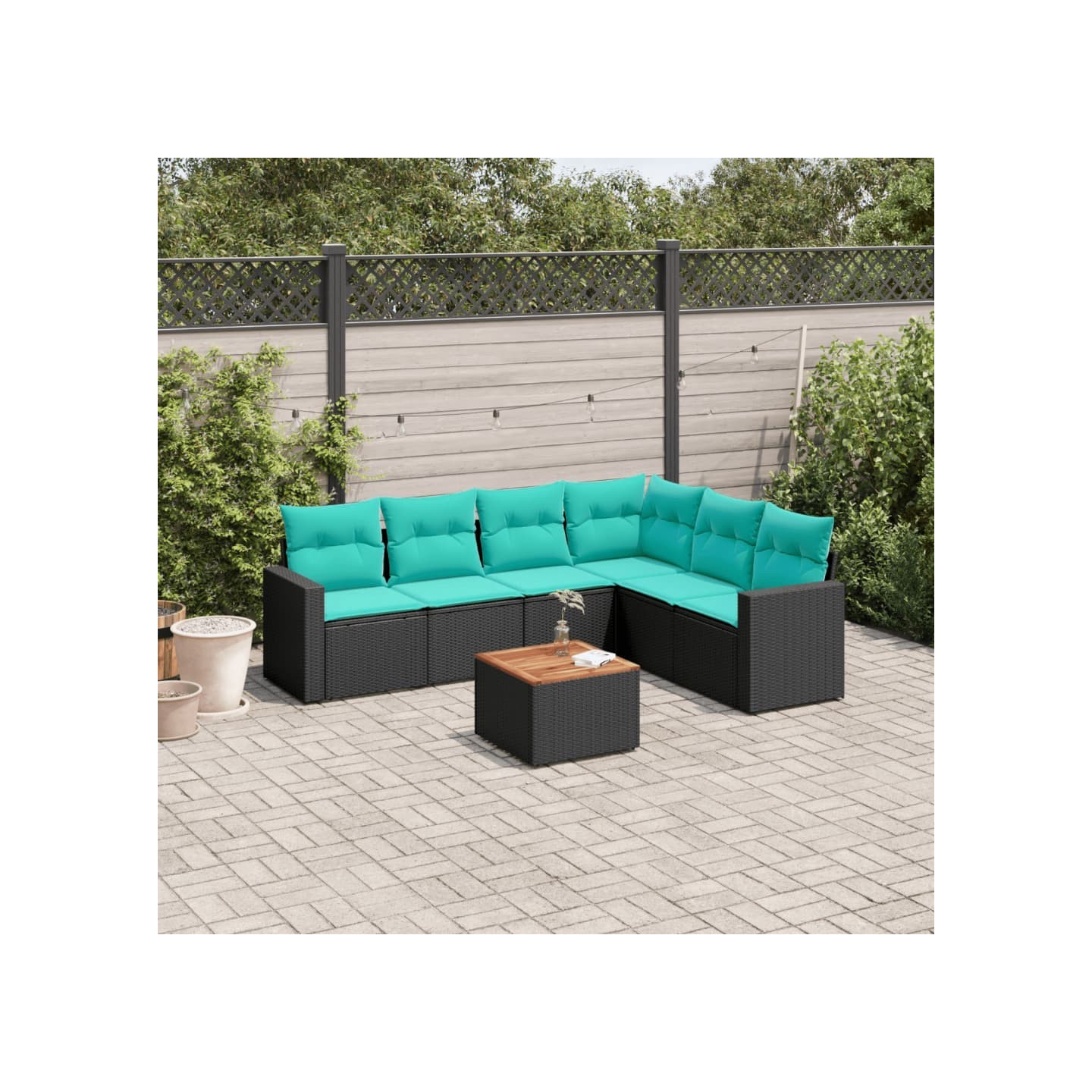 Salon de jardin 7 pcs avec coussins noir résine tressée