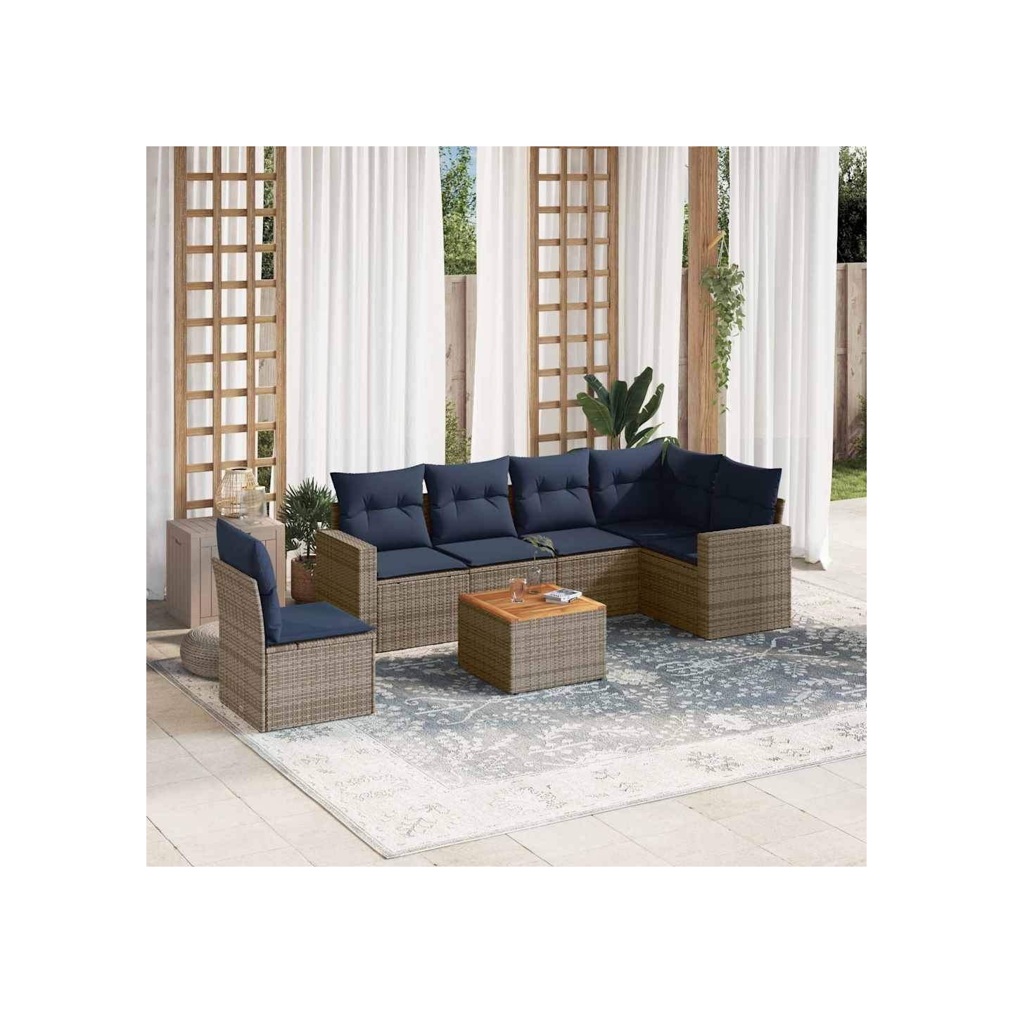 Salon de jardin 7 pcs avec coussins gris résine tressée