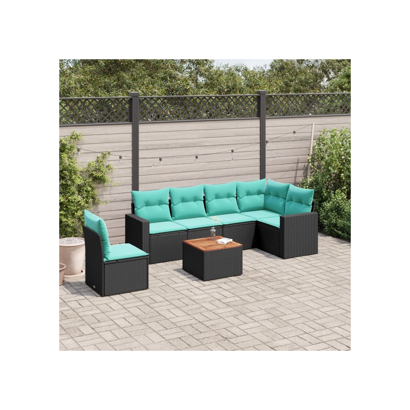 Salon de jardin 7 pcs avec coussins noir résine tressée