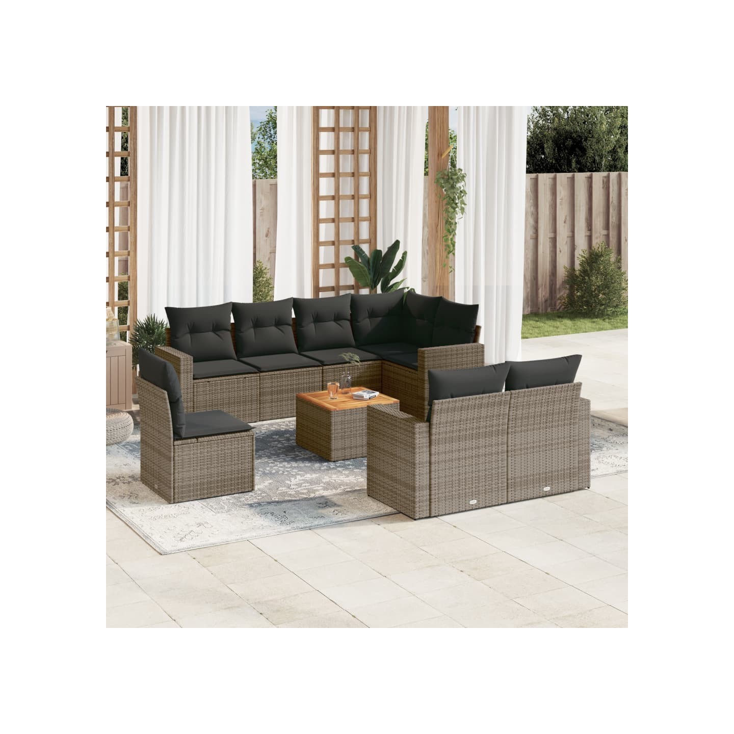 Salon de jardin 9 pcs avec coussins gris résine tressée