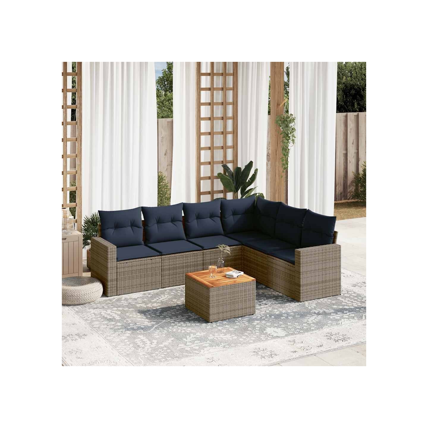 Salon de jardin 7 pcs avec coussins gris résine tressée
