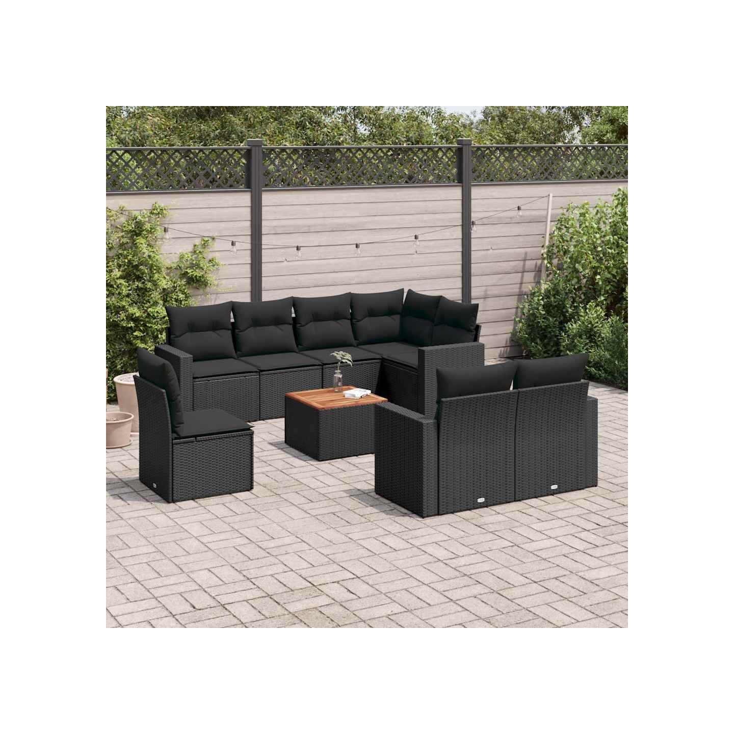 Salon de jardin 9 pcs avec coussins noir résine tressée