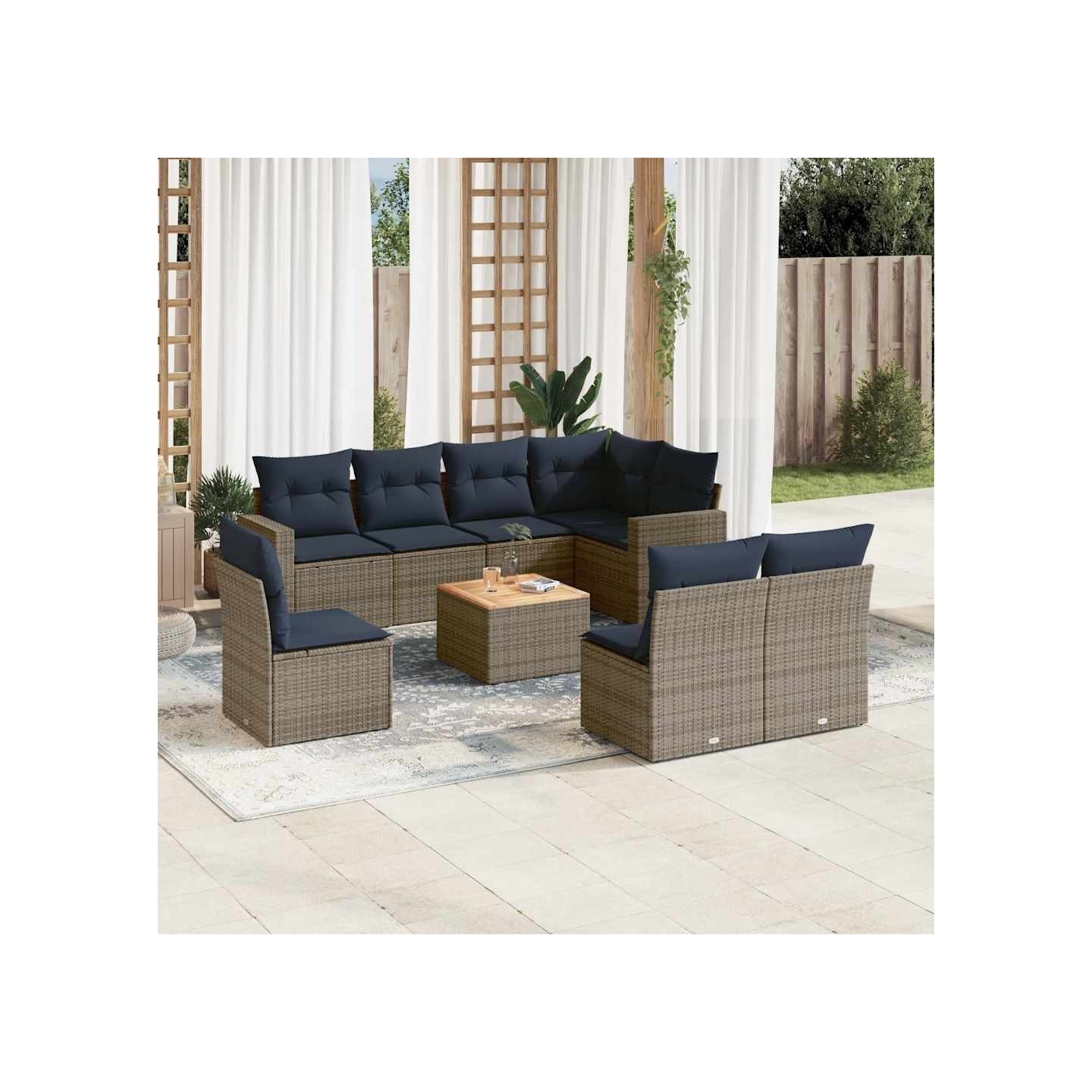 Salon de jardin 9 pcs avec coussins gris résine tressée