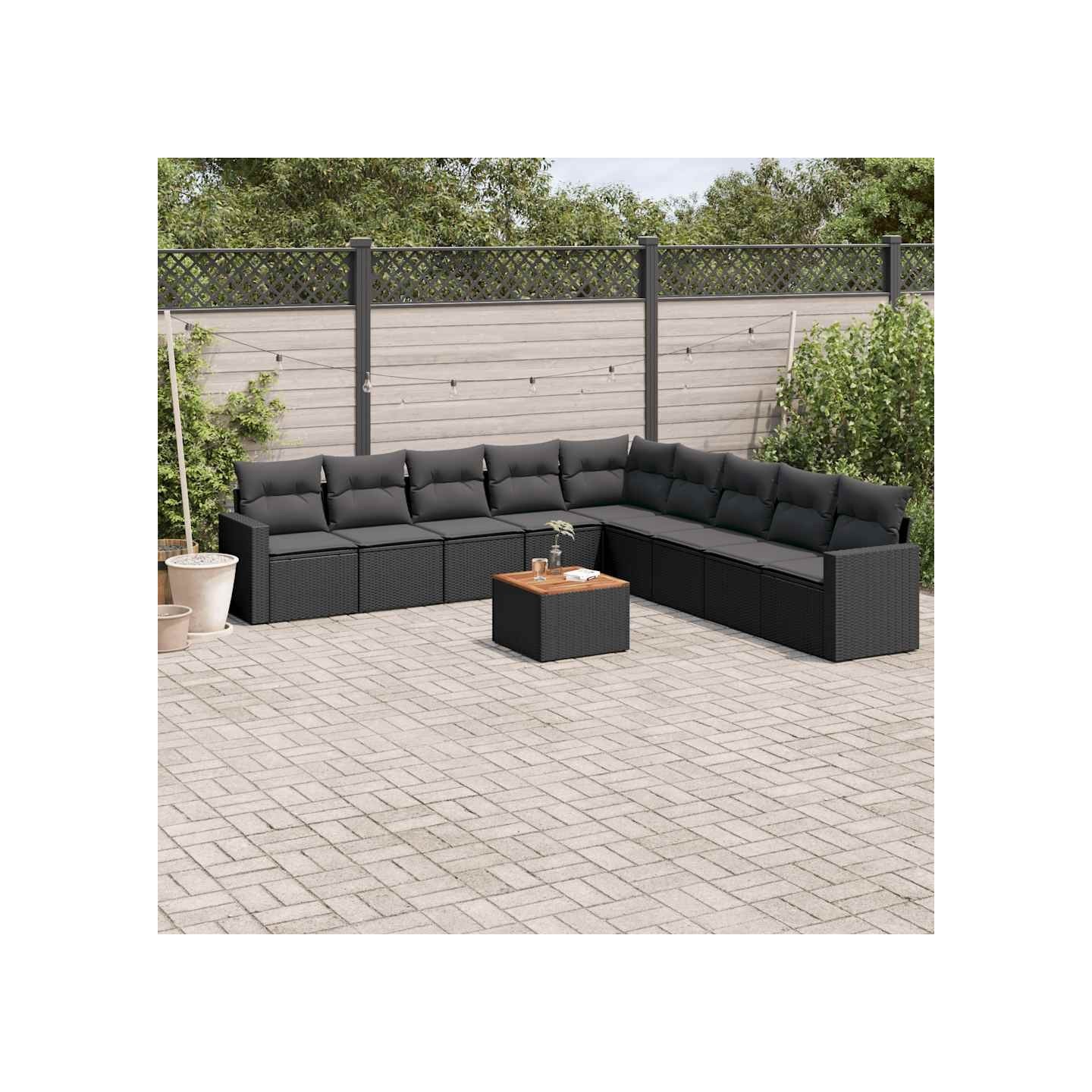 Salon de jardin 10 pcs avec coussins noir résine tressée