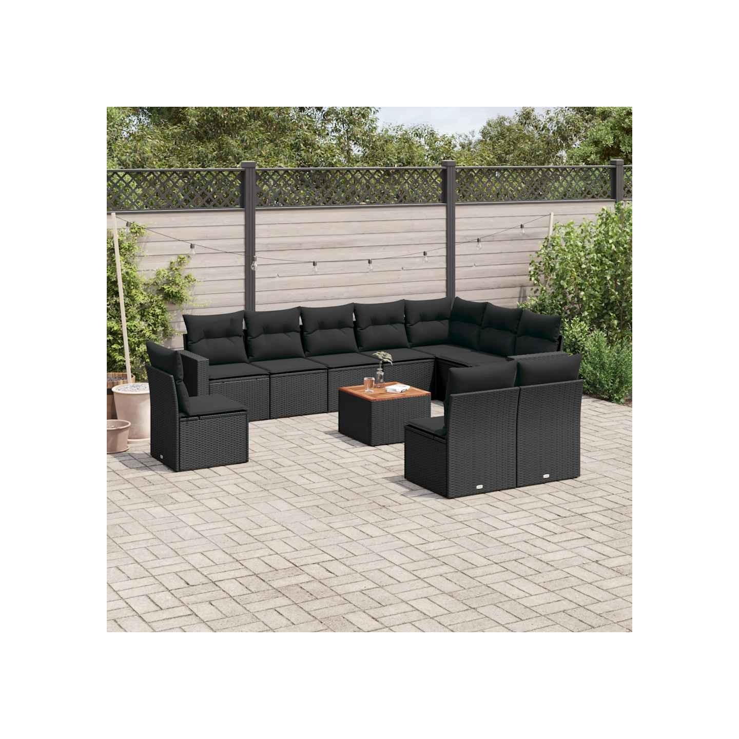 Salon de jardin 11 pcs avec coussins noir résine tressée
