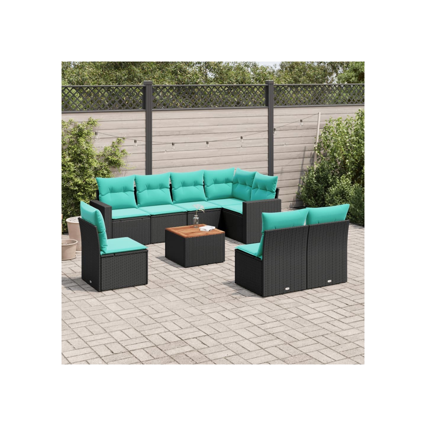 Salon de jardin 9 pcs avec coussins noir résine tressée