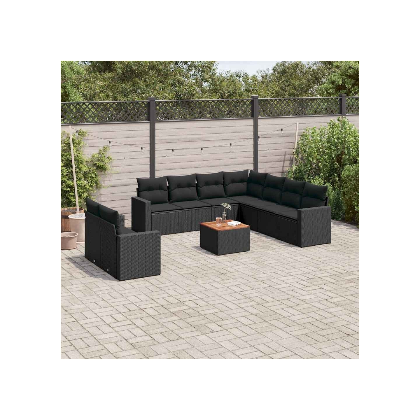 Salon de jardin 10 pcs avec coussins noir résine tressée