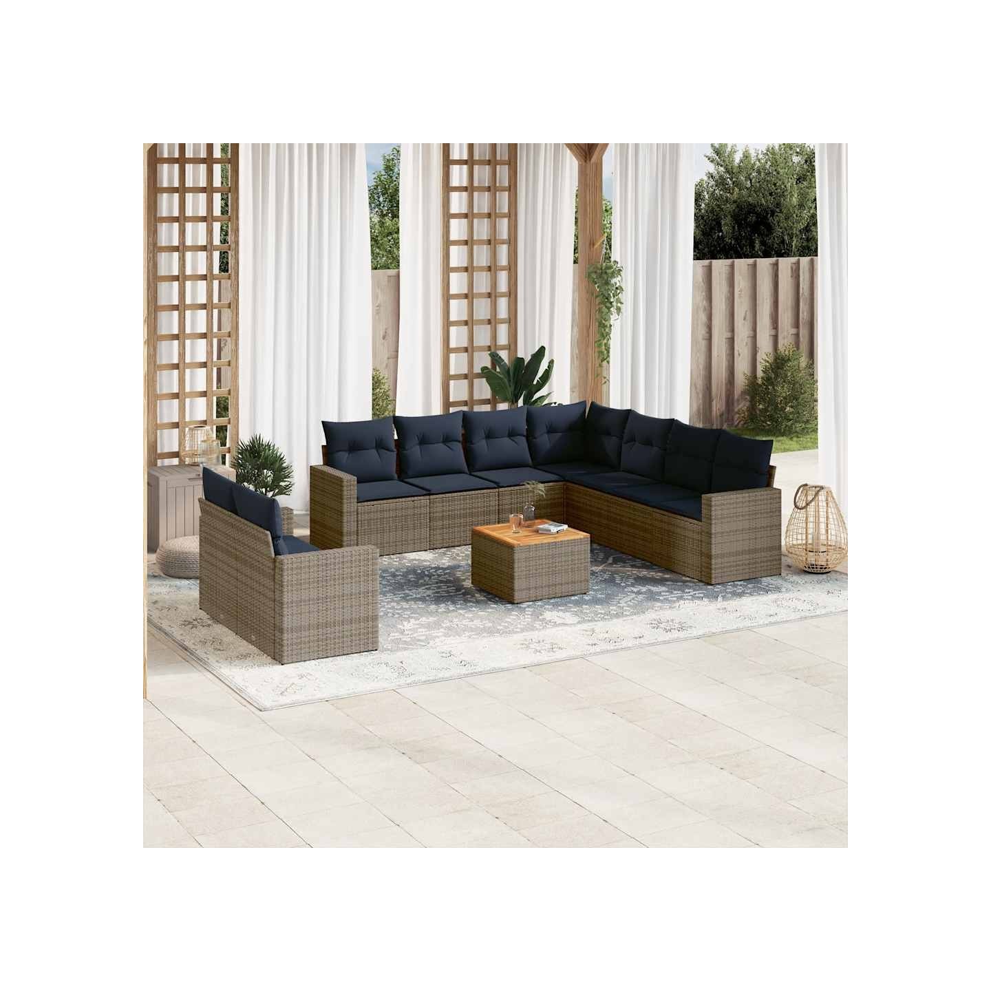 Salon de jardin 10 pcs avec coussins gris résine tressée
