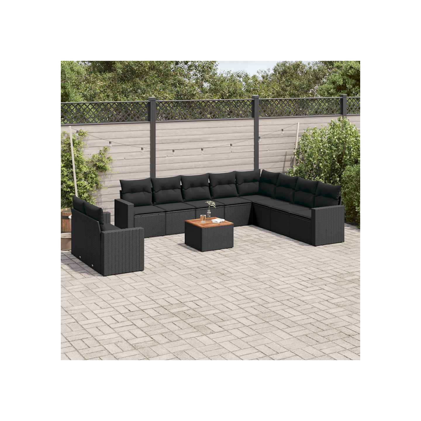 Salon de jardin 11 pcs avec coussins noir résine tressée