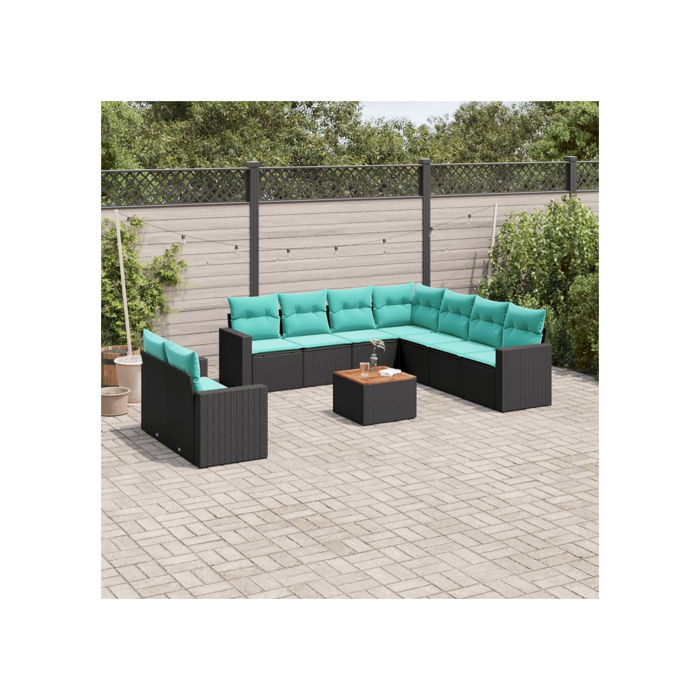 Salon de jardin 10 pcs avec coussins noir résine tressée