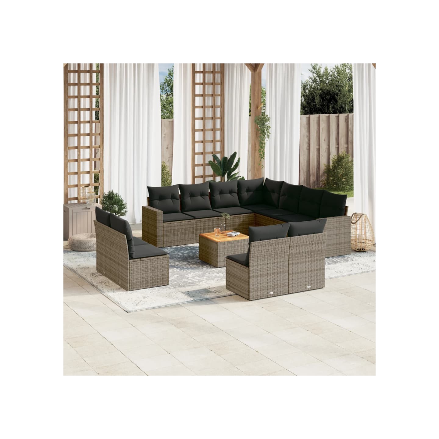 Salon de jardin avec coussins 12 pcs gris résine tressée