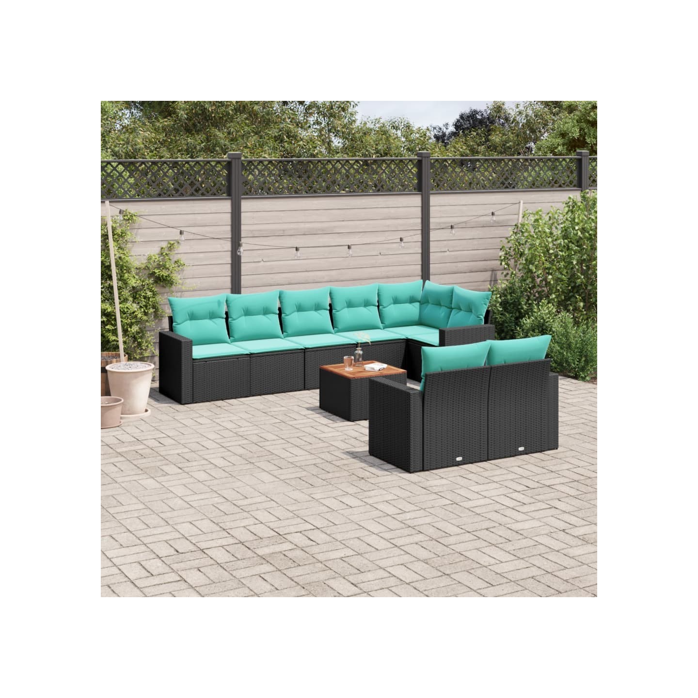 Salon de jardin 9 pcs avec coussins noir résine tressée