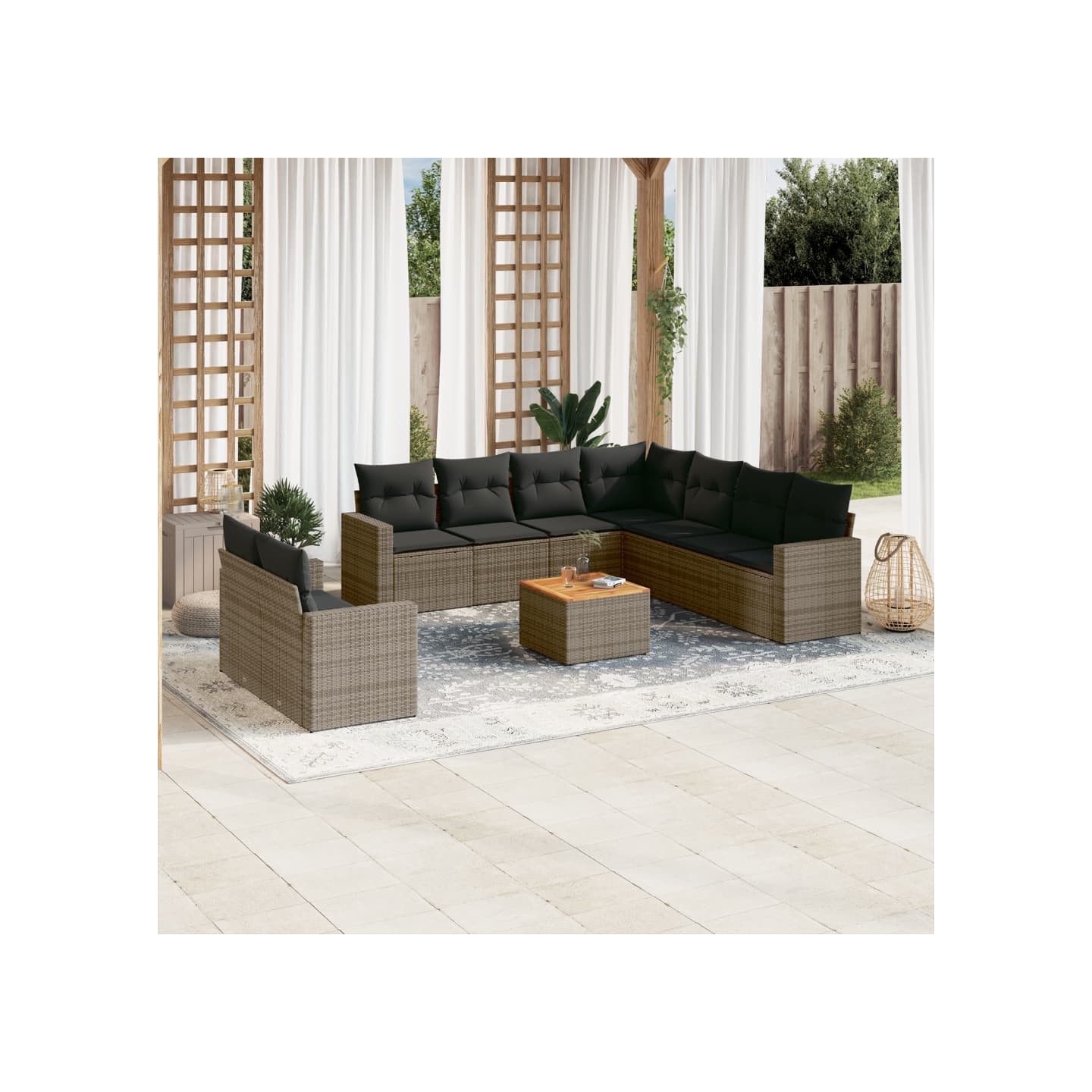 Salon de jardin avec coussins 10 pcs gris résine tressée