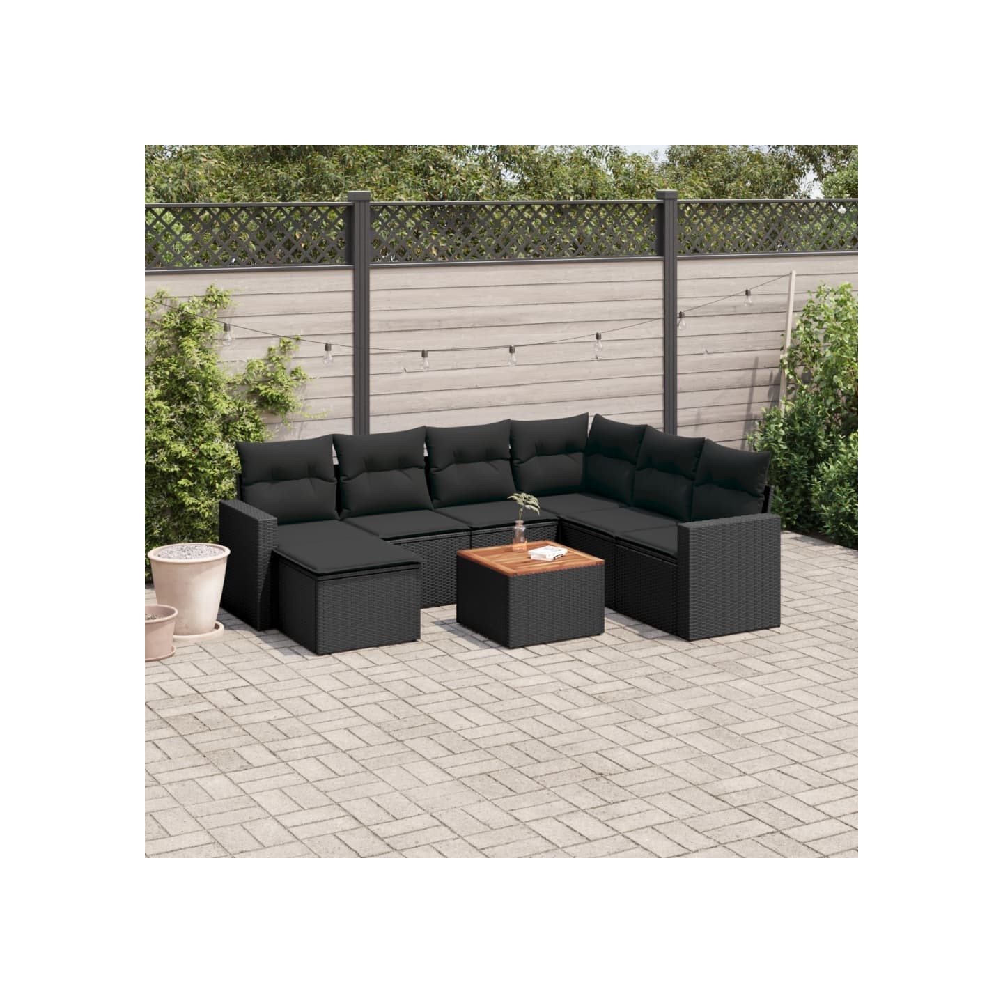 Salon de jardin 8 pcs avec coussins noir résine tressée